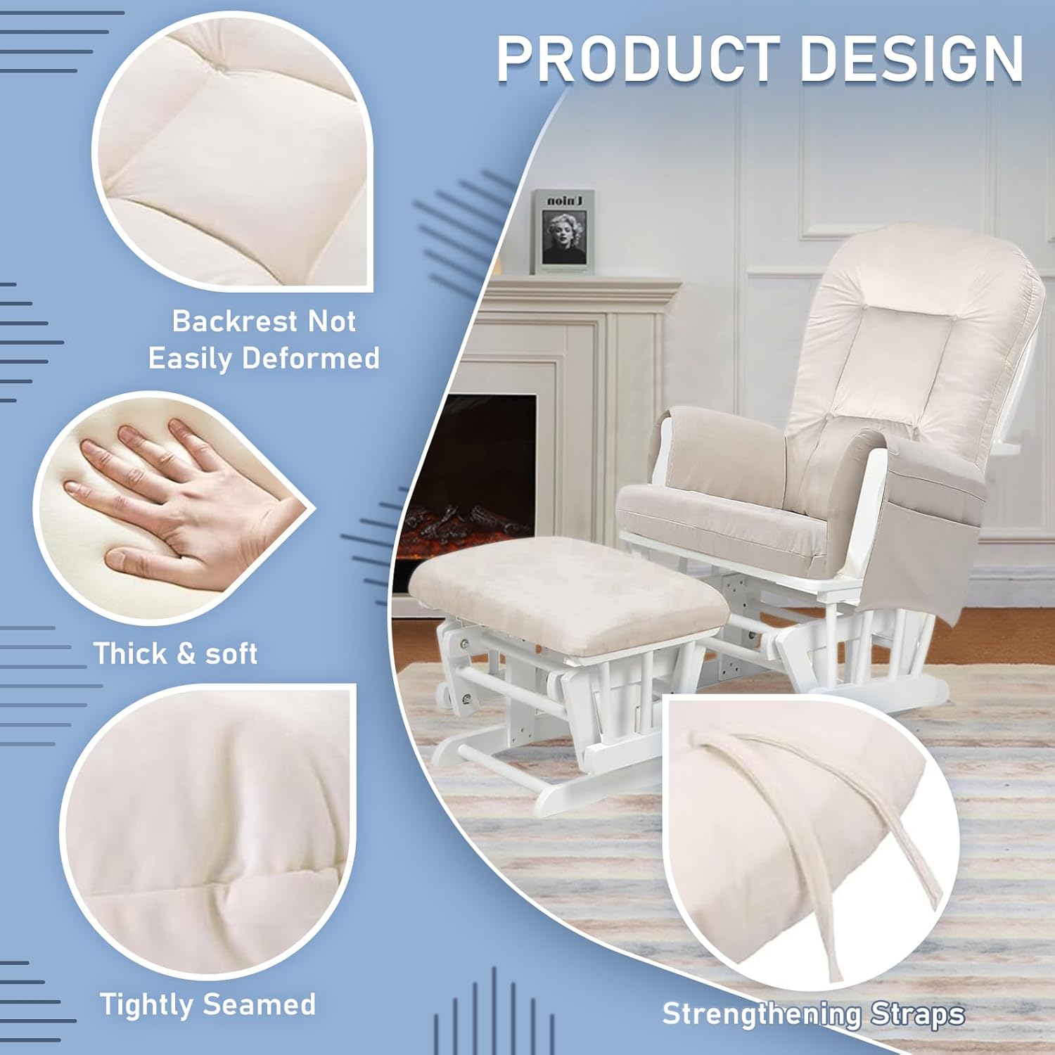 5 PCS Glider Rocker Cushions Set - Thickened Non-Slip Replacement Cushions with Ottoman Cover & Side Pocket - Washable & Supportive for Glider Rockers