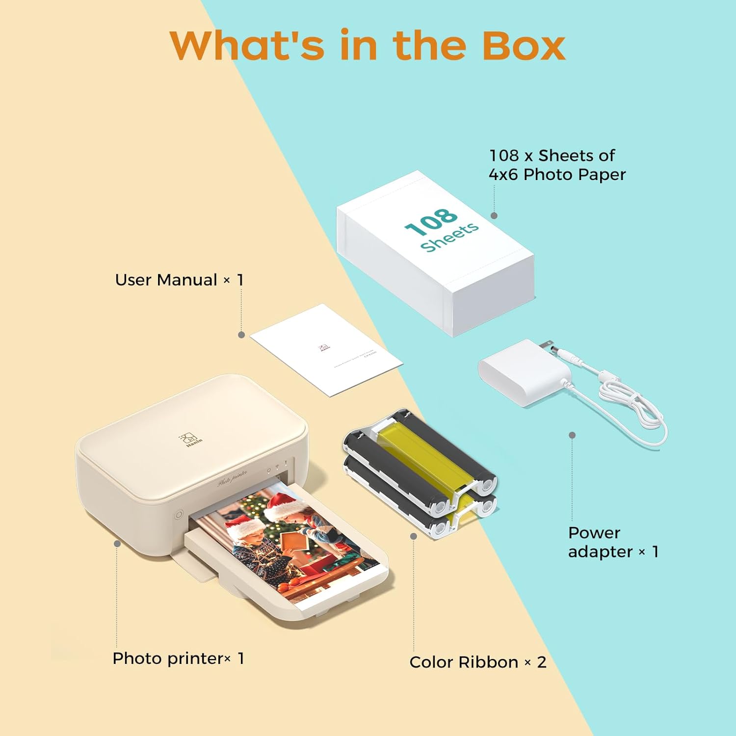 HPRT 4x6 Photo Printer with 108 Sheets & 2 Ribbons - Dye Sublimation Wireless Portable Photo Printer for iPhone & Android Smartphones, Home & Travel Picture Printing, Ideal Gift, Beige
