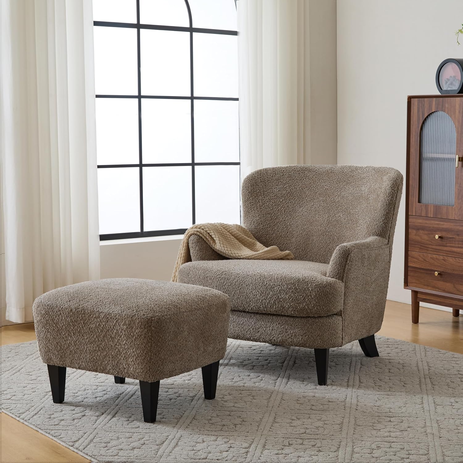 Christopher Knight Home Winnie Accent Chair and Ottoman Set, Living Room/Bedroom Wooden Comfy Reading Chair with Footrest Stool, Boucle Upholstered Wingback Single Sofa, Brown