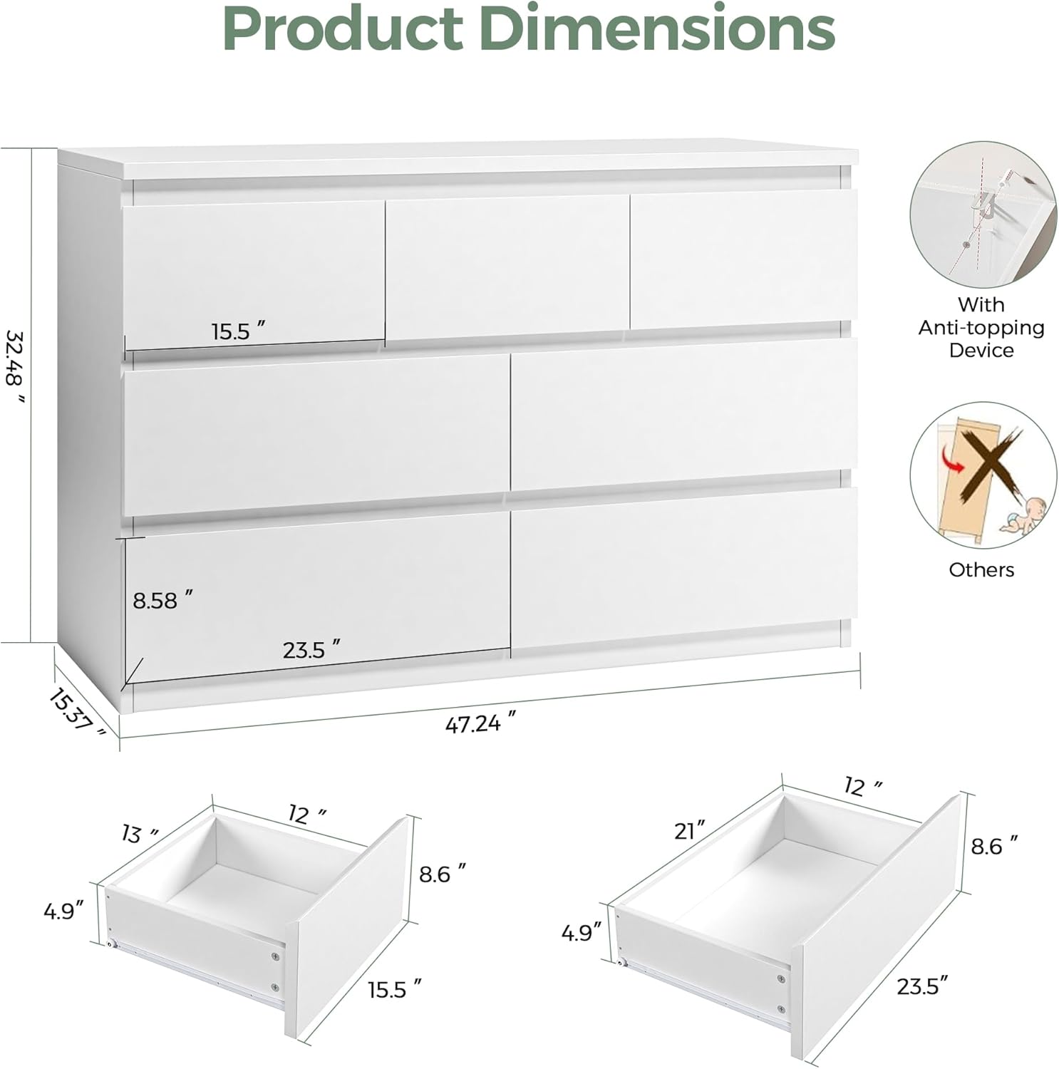 White 7 Drawer Dresser for Bedroom,Modern Wood Chest of Drawers,Closet Clothes Storage Organizer with Deep Drawers for Living Room Hallway Entryway,Nursery (15.3