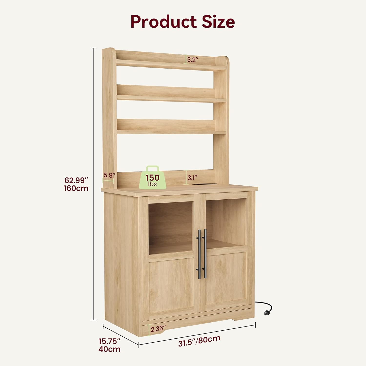 IDEALHOUSE Bakers Rack with Storage Cabinet, Microwave Stand with Power Outlets, Farmhouse Bakers Rack with Thick Table Top, Small Kitchen Bakers Rack for Kitchen,Dining Room,Peer Wood