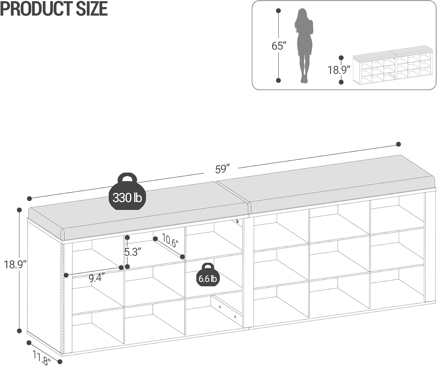 Hzuaneri Shoe Storage Bench with Cushion, Entryway Storage Bench with 18 Cubbies, 9.5