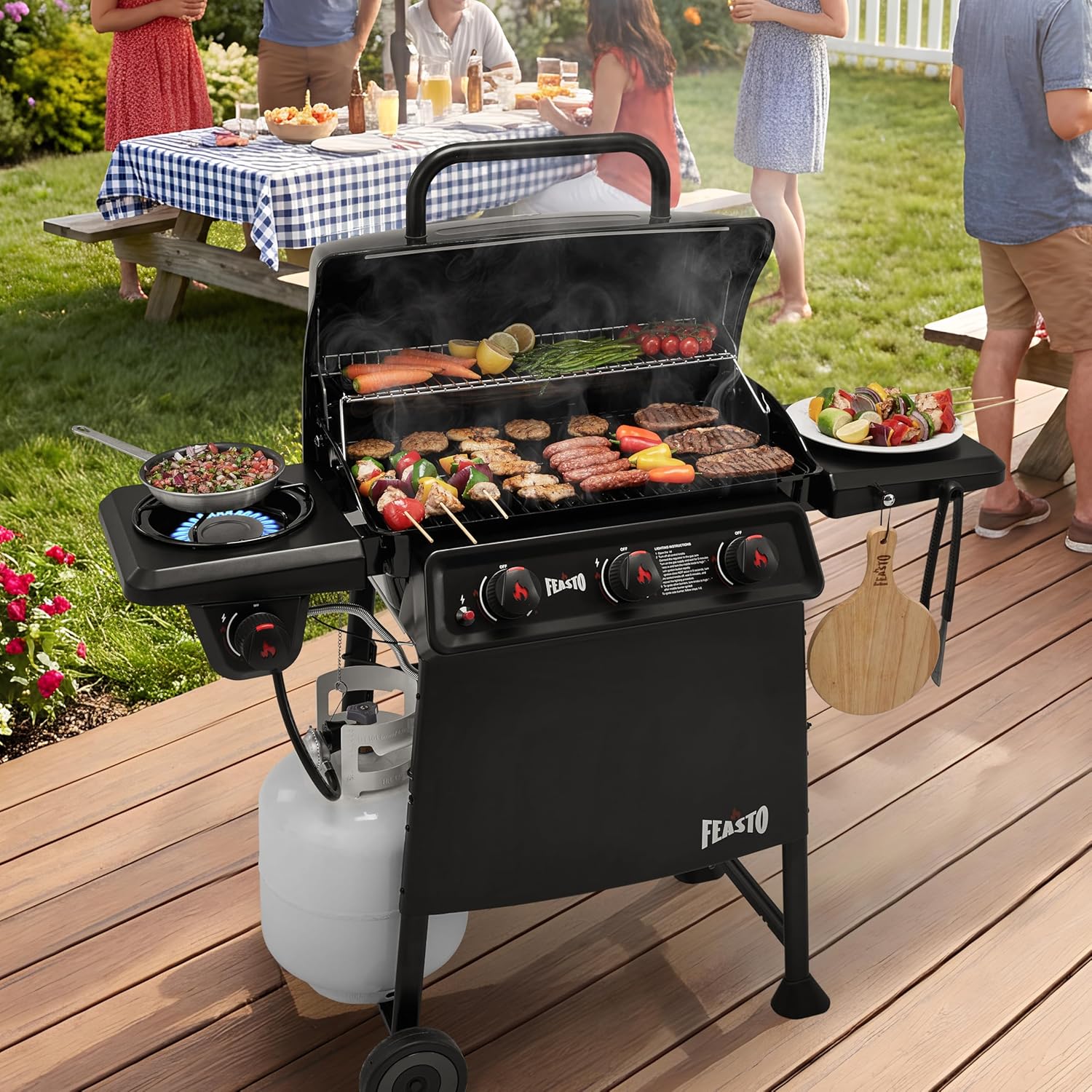 Feasto 3 Burner Propane Gas Grill with Side Burner, Porcelain-Enamel Main Body and Lid, Propane BBQ Grill with 38,000 BTUs Output & Side Table for Patio, Backyard, Poolside Gatherings