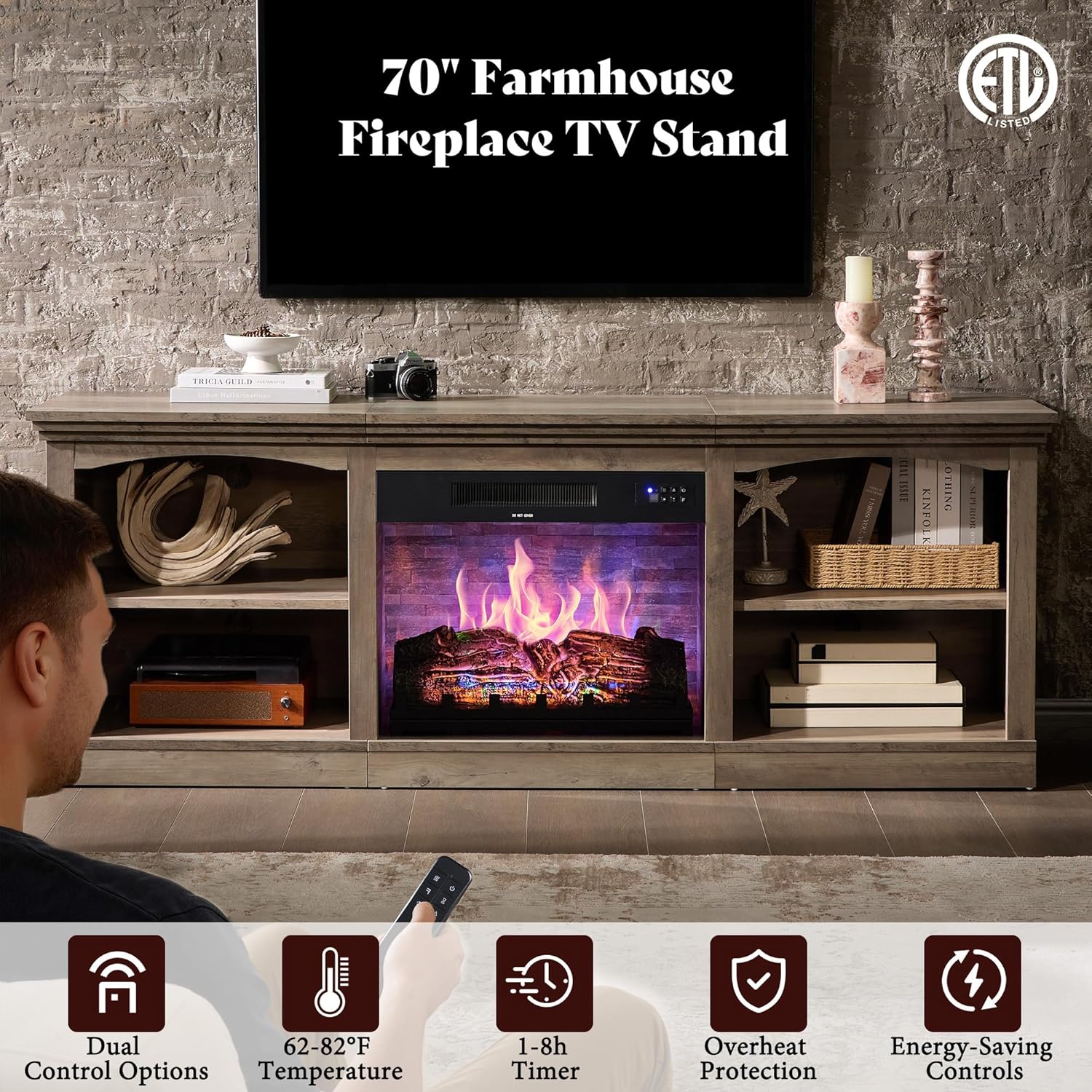 AMERLIFE 70 Inch Fireplace TV Stand for TVs up to 80