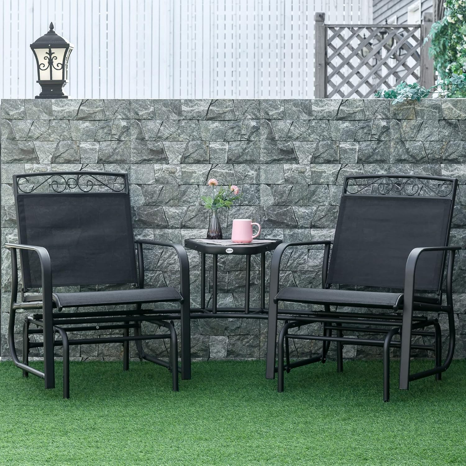 Outsunny Outdoor Glider Chairs with Coffee Table, Patio 2-Seat Rocking Chair Swing with Breathable Sling for Backyard, Garden and Porch, Black