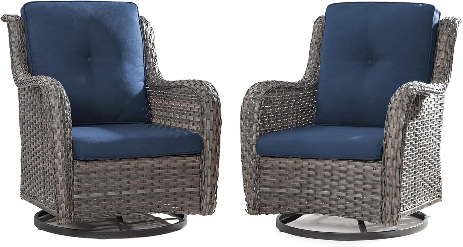 Outdoor Swivel Rocker Patio Chairs Set of 2 - Outdoor Wicker Swivel Glider Chairs 2 Pieces with Olefin Fabric Cushions Suitable for Backyard Deck and Porch(Mixed Grey/Blue)