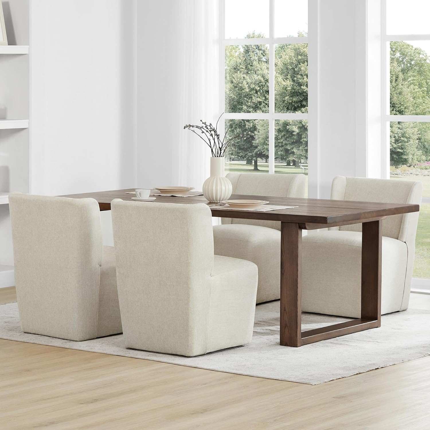 KISLOT Upholstered Dining Chairs Set of 4 with Casters, Wingback Modern Side Armless Deskchair with Rollers for Diningroom Bedroom Livingroom Reading Room, Cream Beige Fabric