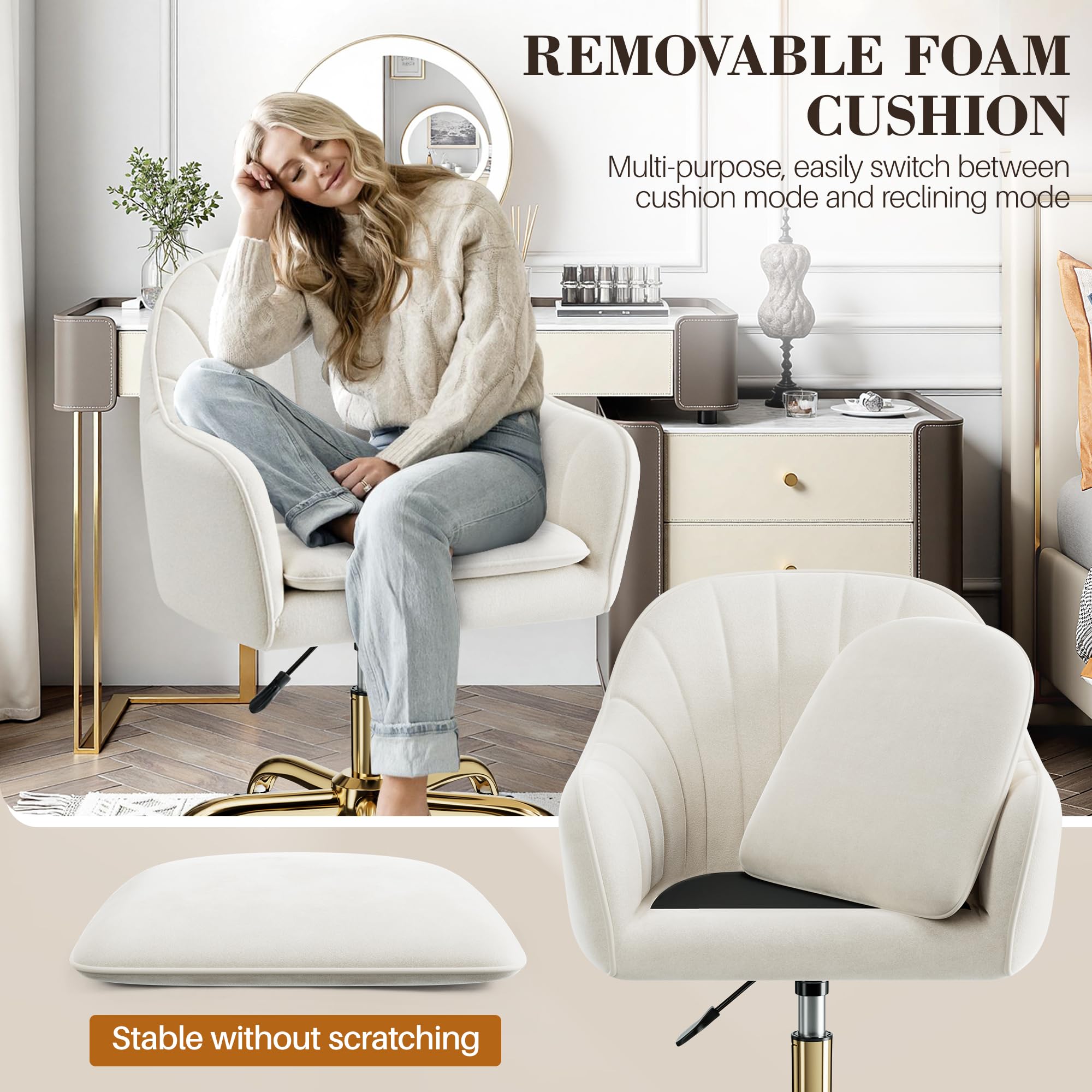 BESTERA Vanity Chair with Wheels - Adjustable Velvet Makeup Chair