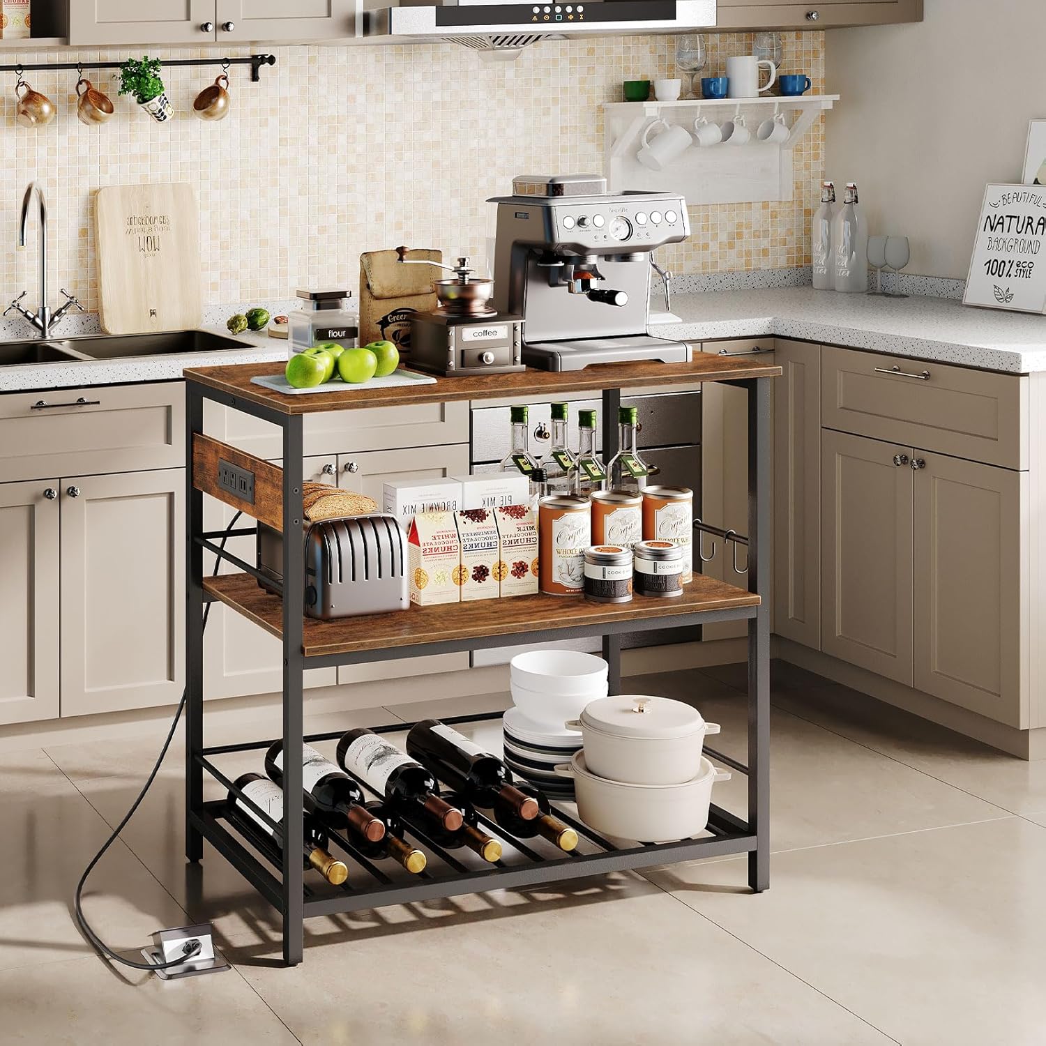 HOOBRO Kitchen Island with Storage, Kitchen Island Table with Power Outlet, 47.2