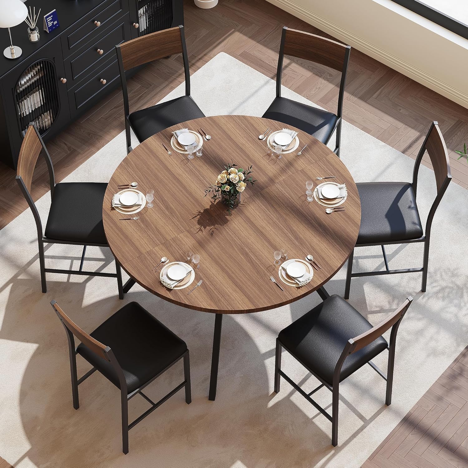 Pamapic 47'' Round Dining Table Set for 6, Kitchen Table and Chairs for 6, Dining Room Circle Dinner Pedestal Table, Solid Metal Frame,Space Saving Wood Small Kitchen & Dining Room Furniture,Walnut