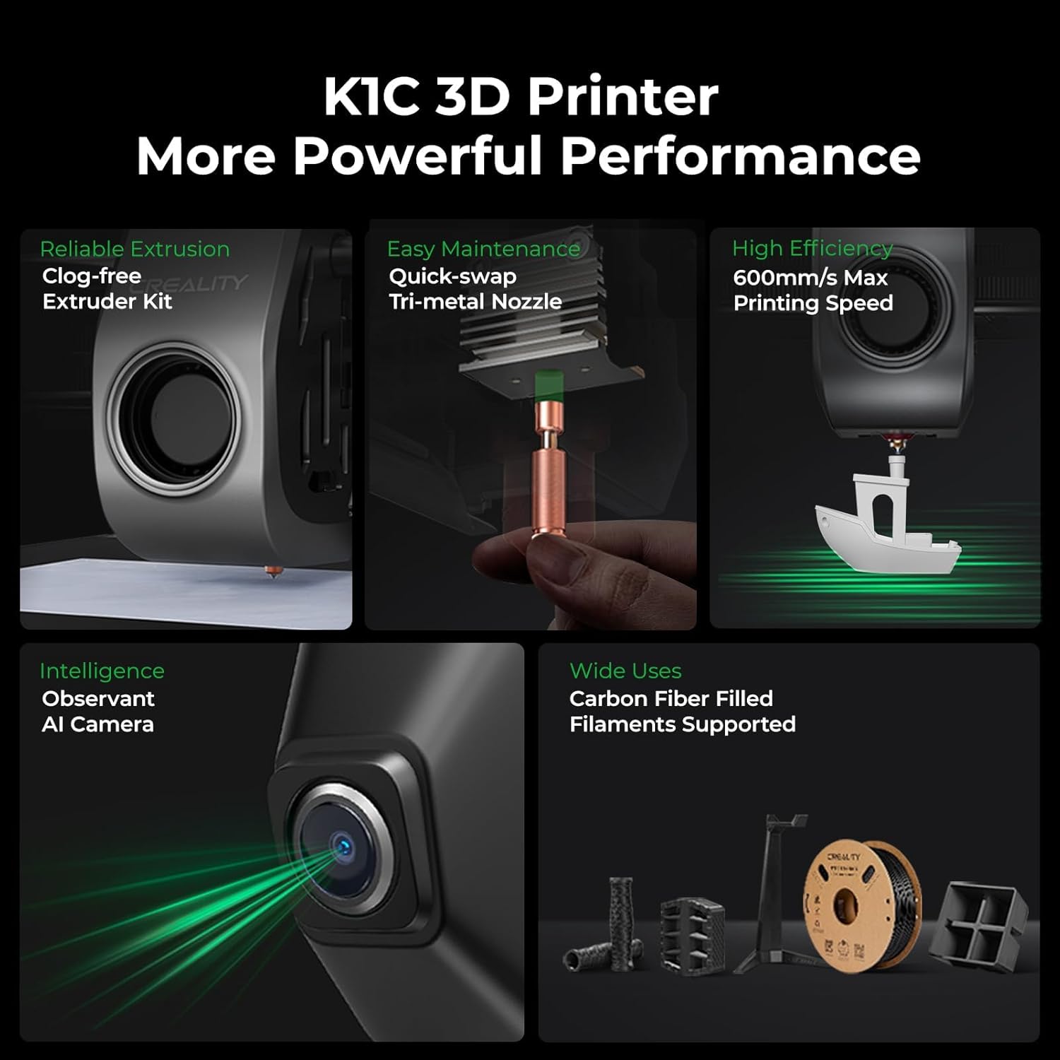 Creality K1C 3D Printer, 600mm/s High-Speed Auto Leveling Clog-Free Robust Direct Extruder K1 SE Upgraded 3D Printer with AI Camera 300°C Printing Silent Mode Support Carbon Fiber Filaments