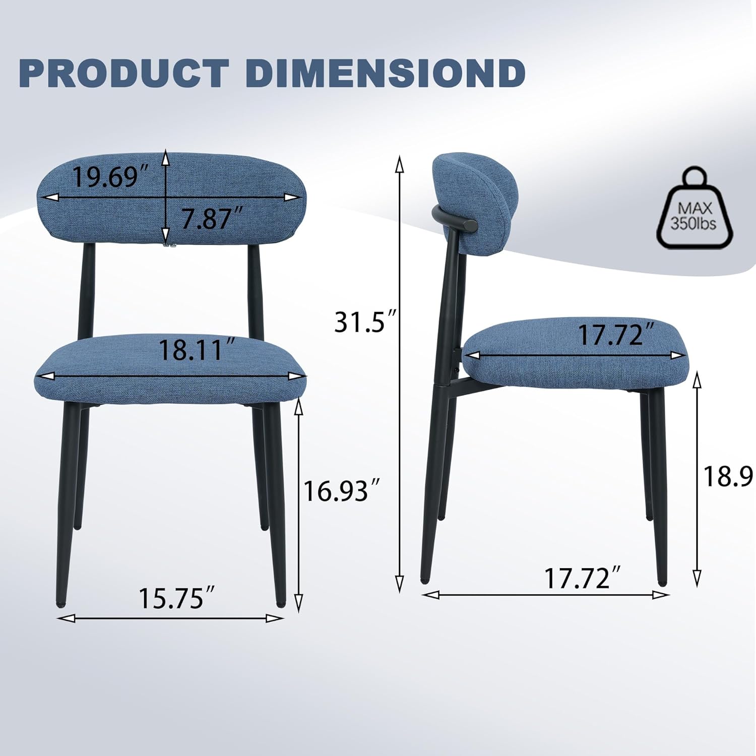FREKEN Modern Upholstered Dining Chairs Set of 8, Mid-Century Metal Frame Linen Fabric Side Chair for Kitchen Dining Room, 350lbs Capacity, Blue