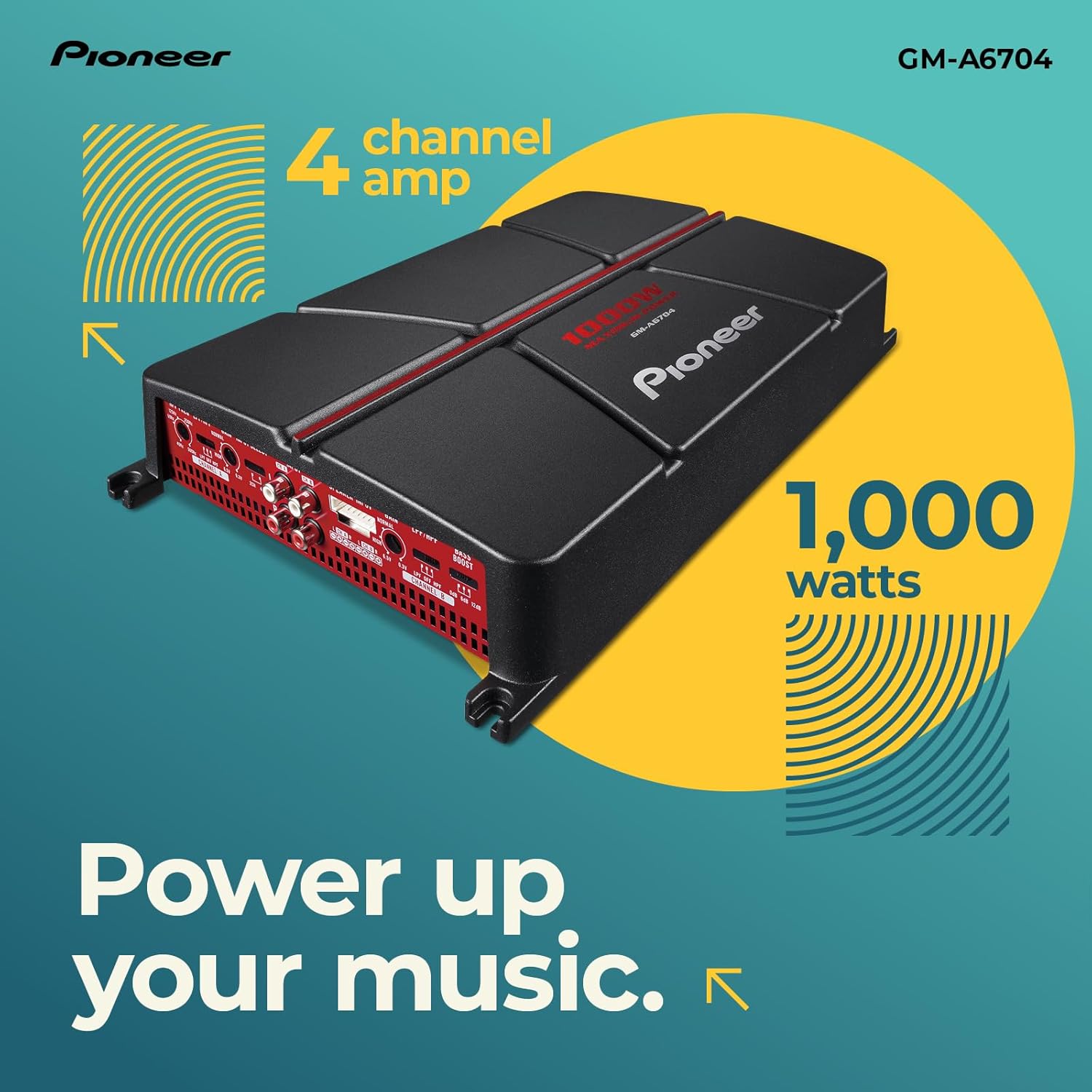 Pioneer GM-A6704 4-Channel Car Amplifier – 1000W Max, Class AB, Bridgeable Design, Bridgeable, High-/Low-Pass Filters