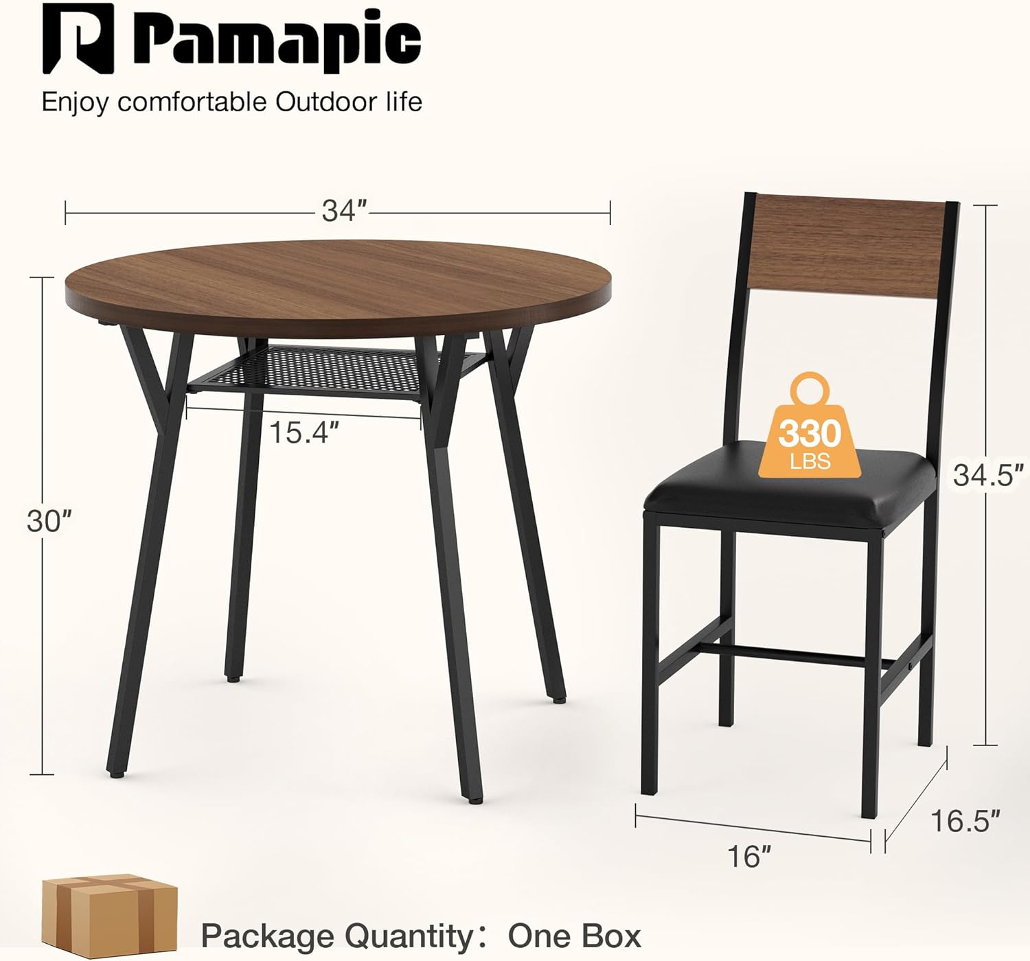 Pamapic Round Dining Table Set for 4, Kitchen Table and Chairs for 4, Dining Room Circle Dinner Pedestal Table, Solid Metal Frame,Space Saving Wood Small Kitchen & Dining Room Furniture,Walnut