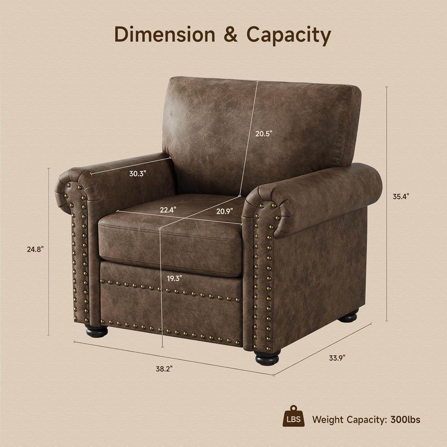 ONBRILL Nailhead Trim Accent Chair, Faux Leather Club Chair for Living Room, Comfy Armchair with Springs Cushions & Solid Wood Legs, Traditional Rolled Arms Single Sofa for Bedroom, Apartment, Brown