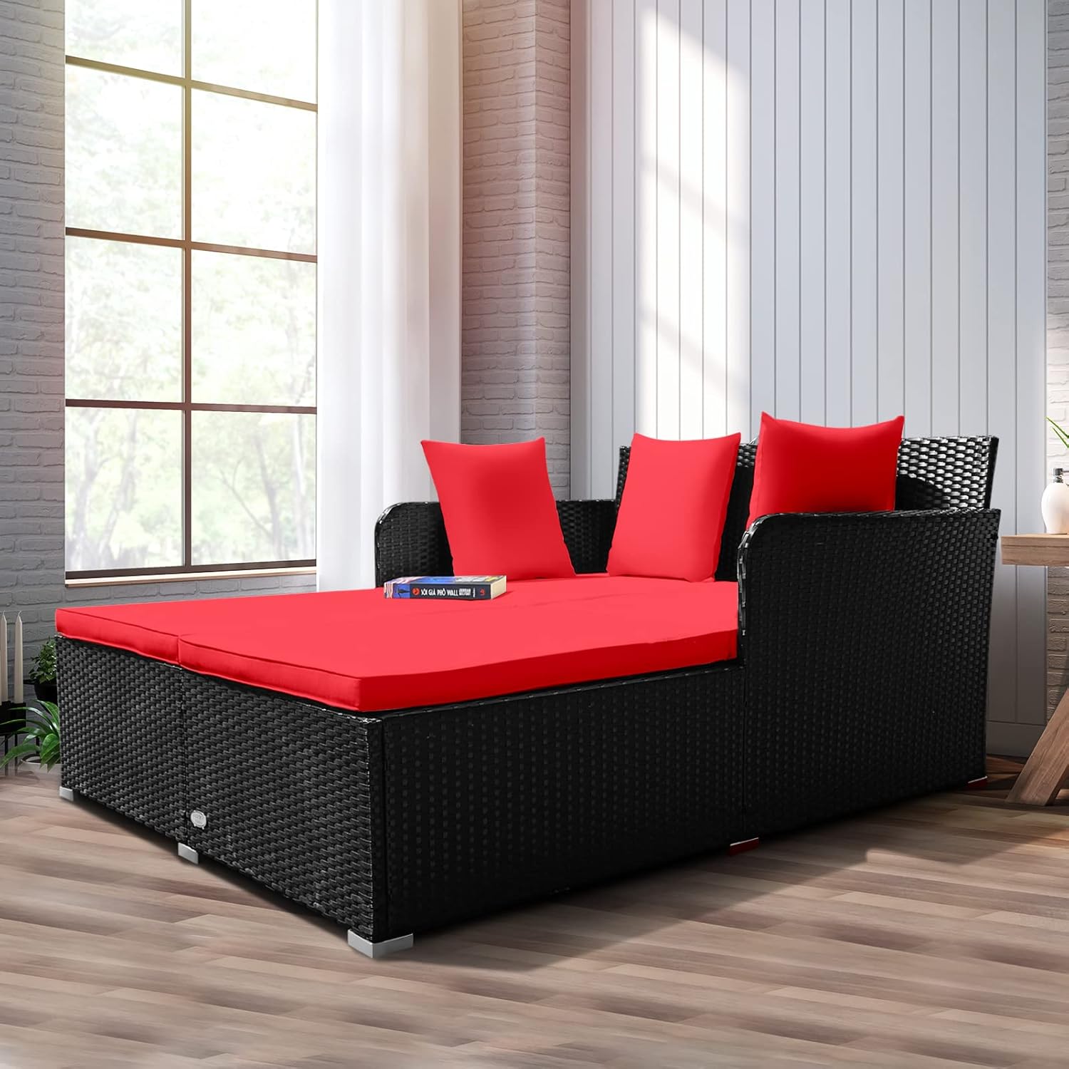 RELAX4LIFE Rattan Patio Outdoor Daybed, Wicker 2-Person Sunbed Loveseat with Soft Cushions, 4 Pillows, Curved Backrest & Armrest, Double Bed Lounger Sofa Set for Balcony Porch, Patio Bed (Red)