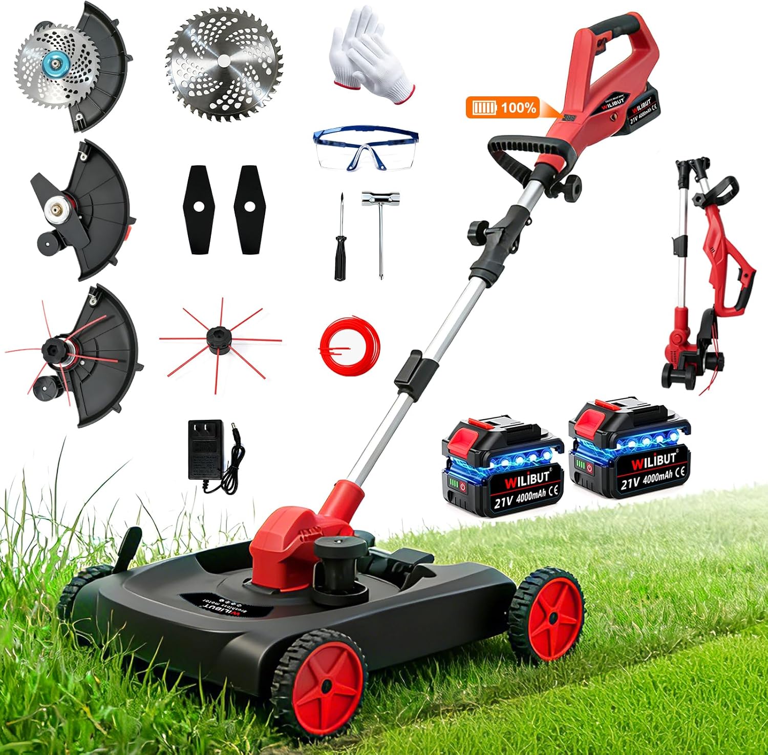 4-in-1 Cordless Lawn Mower, Weed Eater and Edger Combo, Adjustable Height & Angle, Electric String Trimmer with Wheels Grass Trimmer for Garden Yard (2x4.0Ah Battery & Charger Included)