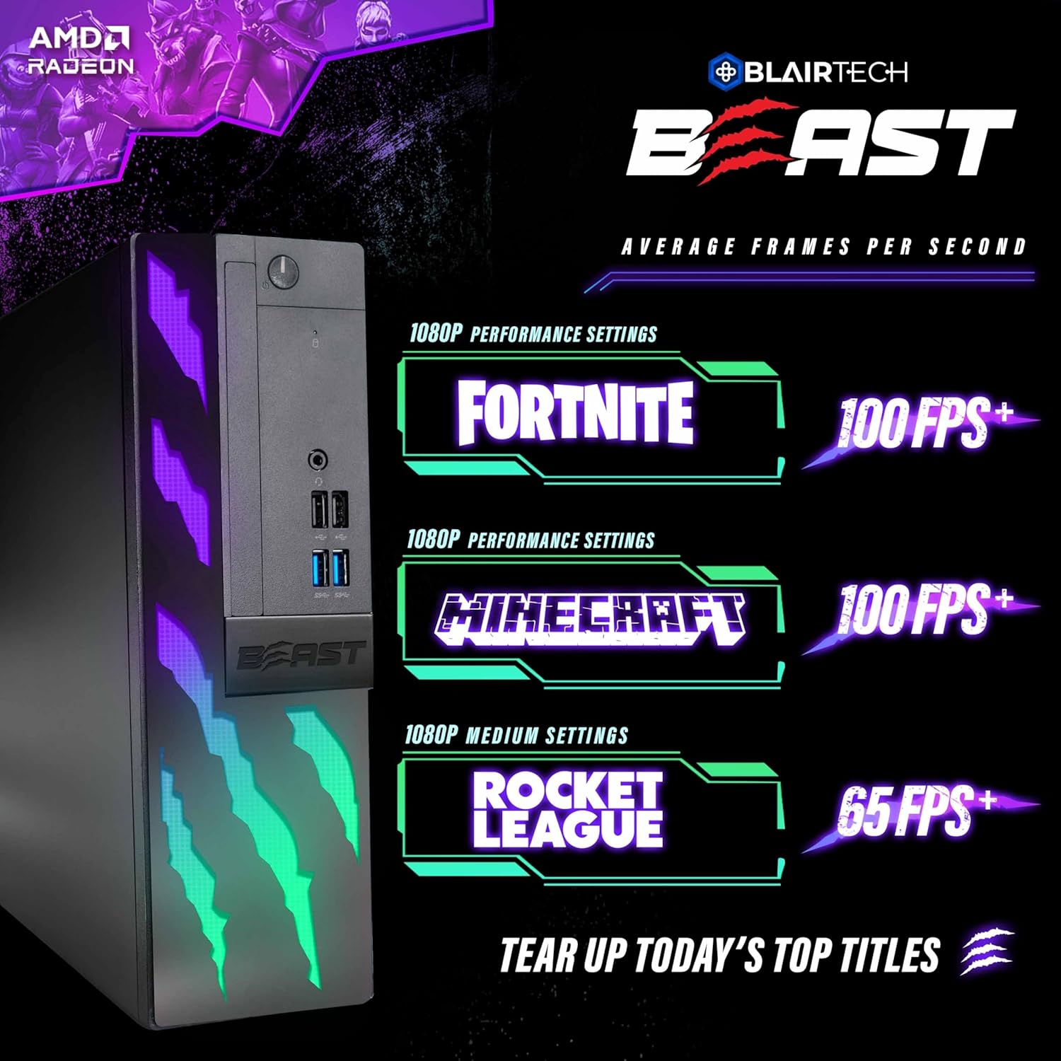 RGB Gaming PC Computer, BlairTech Beast | Intel Core i5 up to 4.1GHz with Radeon RX 550 GPU, 16GB RAM, 500GB SSD, WiFi, Bluetooth, Windows 11 Desktop,1080p Gaming - Elite Bundle, 24” Monitor (Renewed)