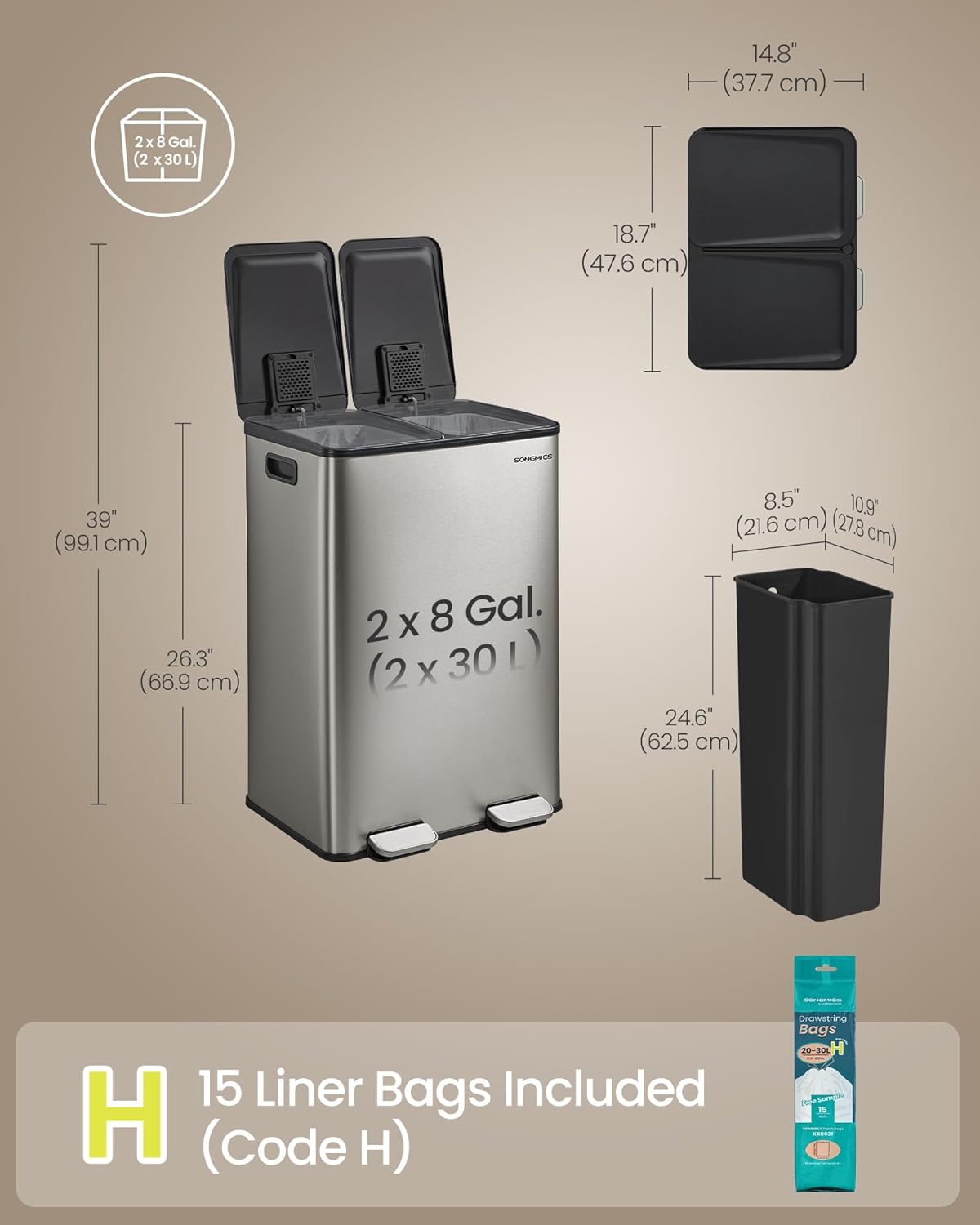 SONGMICS Trash Can, 2 x 8 Gallon (2 x 30 L) Dual-Compartment Garbage Can with Soft-Close Lid, Pedal and Inner Buckets, Stainless Steel, Includes 15 Liner Bags, Silver ULTB741EZ01