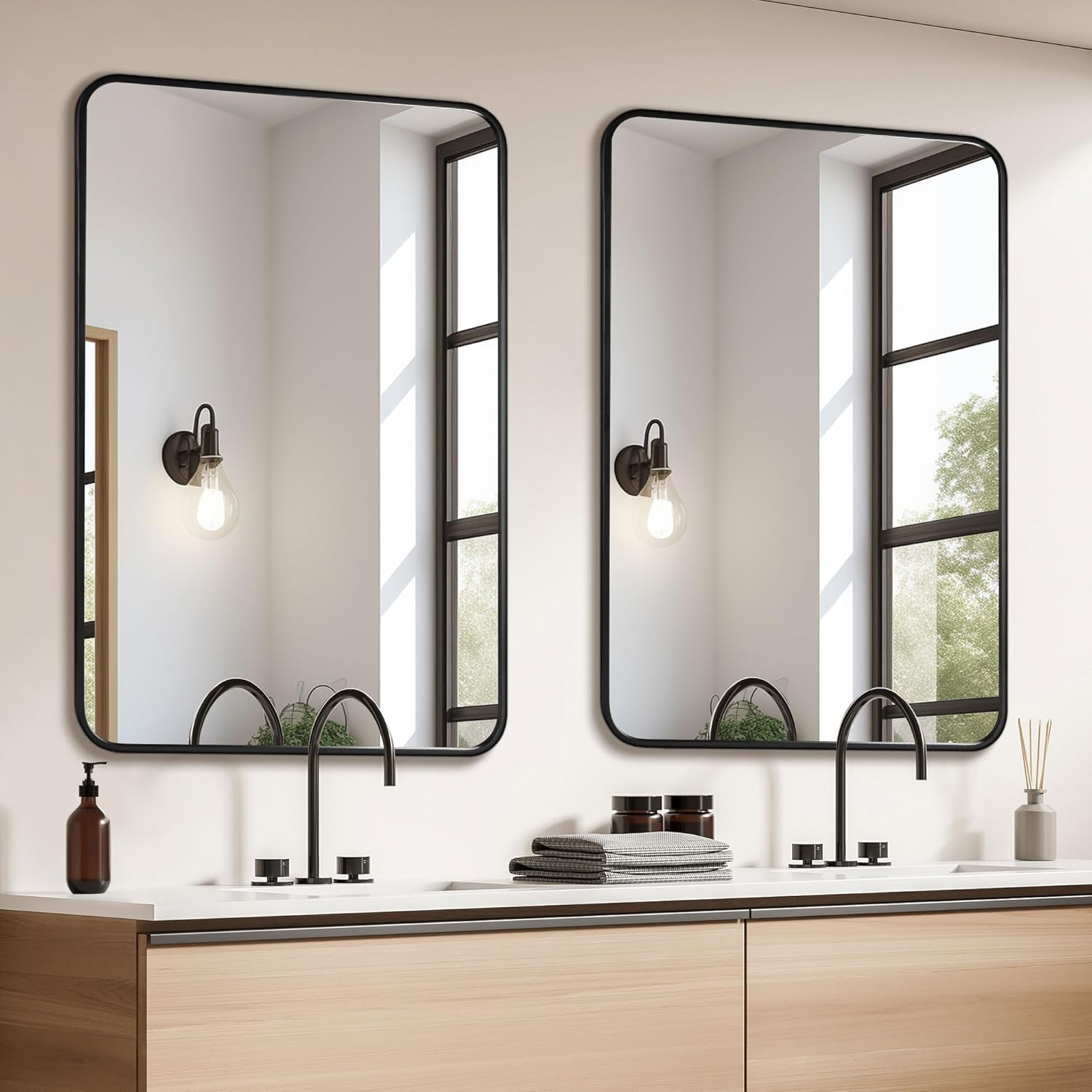2 Pcs 24 x 36 Inch Black Metal Framed Bathroom Mirror for Wall, Rounded Rectangle Mirror Matte Black Bathroom Vanity Mirror,Anti-Rust, Hangs Horizontally or Vertically (2, Black, 24