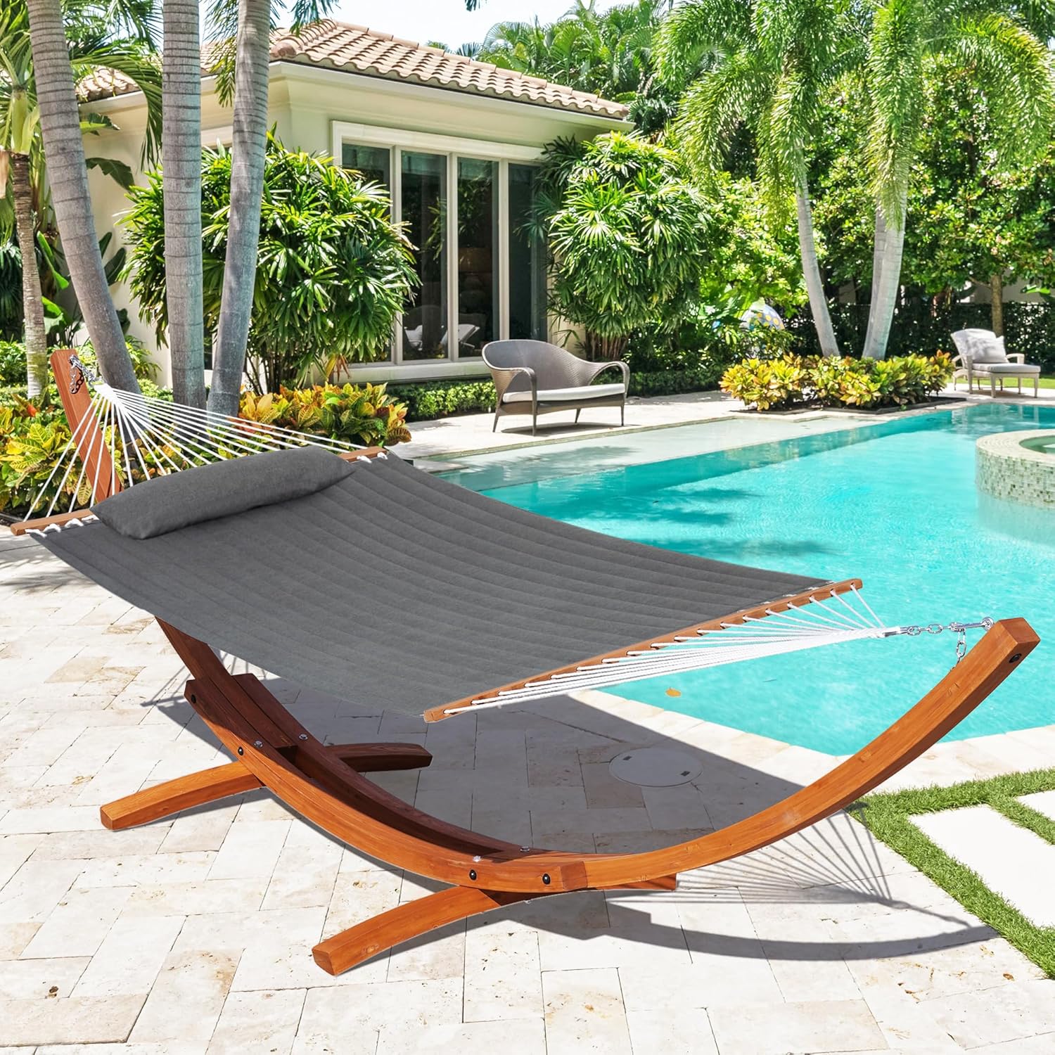 Lazy Daze Hammocks 12 FT Sunbrella Fabric Quilted Hammock Double Sunbrella Quilted Hammock with Spreader Bars & Pillow, All Weather and Fade Resistant for Outdoor, 450 lbs Capacity, Cast Slate