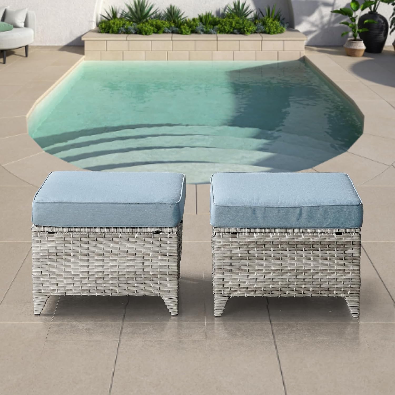 Belord Outdoor Furniture Ottoman Set of 2 Patio Seating Footstool All-Weather Rattan Wicker Ottoman Seat with Soft Cushions for Patio Furniture Set