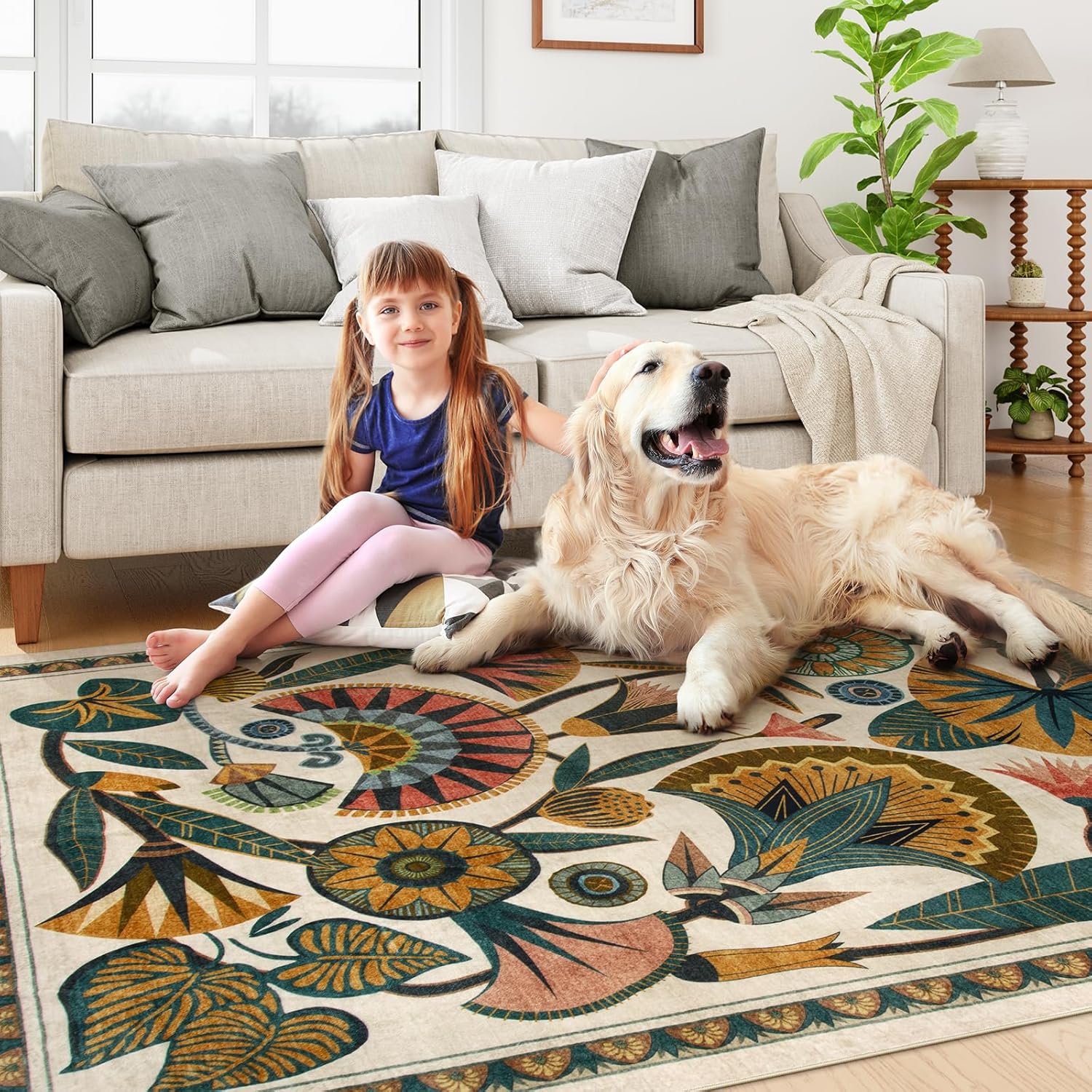 Zealude Beige 8x10 Area Rugs for Living Room, Soft Washbale Bedroom Rugs, Non Slip Low Pile Dining Room Rug, Stain Resistant Large Rug for Playroom Office Kitchen Indoor
