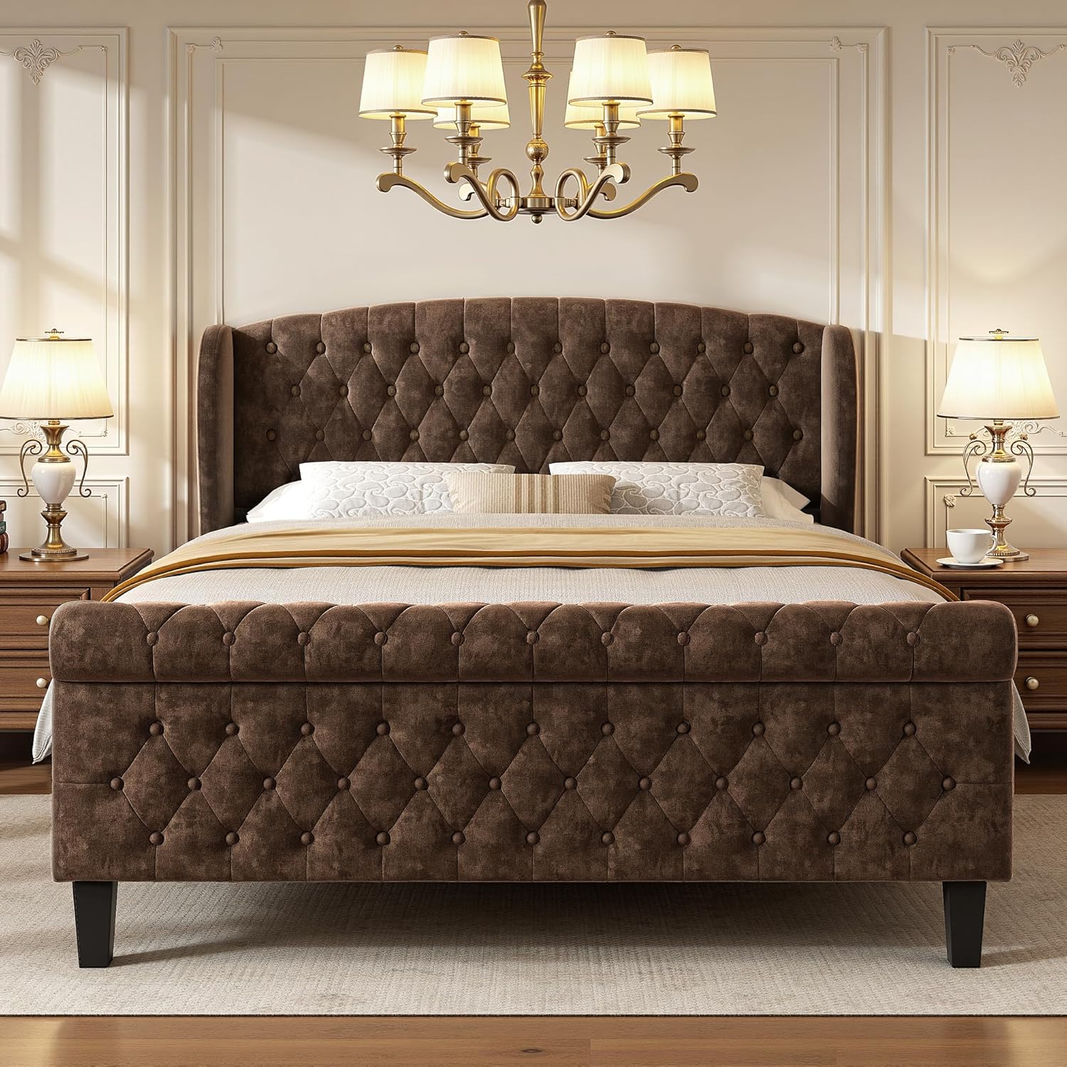 BedsPick Sleigh Queen Bed Frame with Wingback Headboard, Chenille Upholstered Bed Frame Queen Size with Button Tufted Scroll Footboard, Wood Slats Support/No Noise/Easy Assembly/No Box Spring Needed
