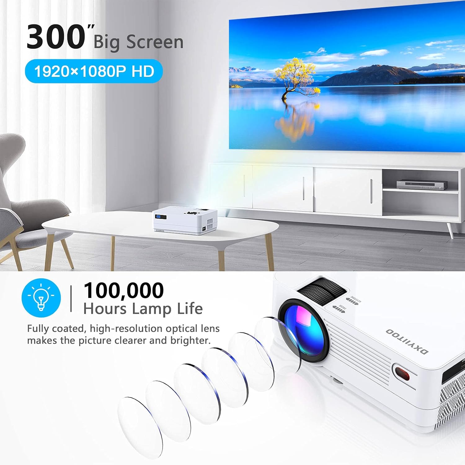 Native 1080P Projector with WiFi and Two-Way Bluetooth, Full HD Movie Projector for Outdoor Movies, 300