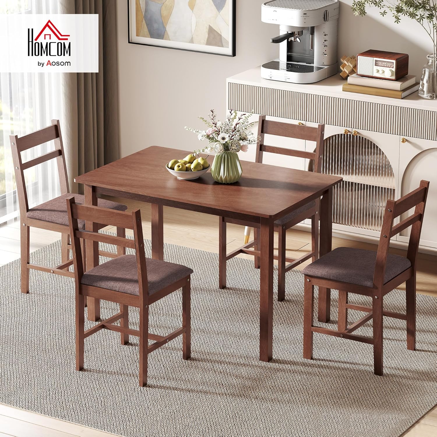 HOMCOM 5-Piece Solid Wood Dining Table Set for 4, Farmhouse Kitchen Table with Upholstered Chairs for Small Space, Dining Room, Breakfast Nook, Light Brown and Brown