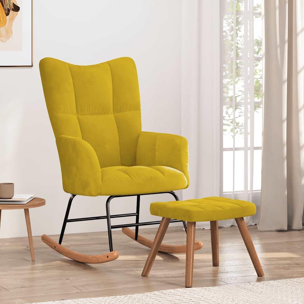 Modern Rocking Chair with Ottoman Set, Mustard Yellow Velvet Nursery Glider with Padded Armrests, Comfortable Upholstered Rocker for Living Room Bedroom Reading Nook