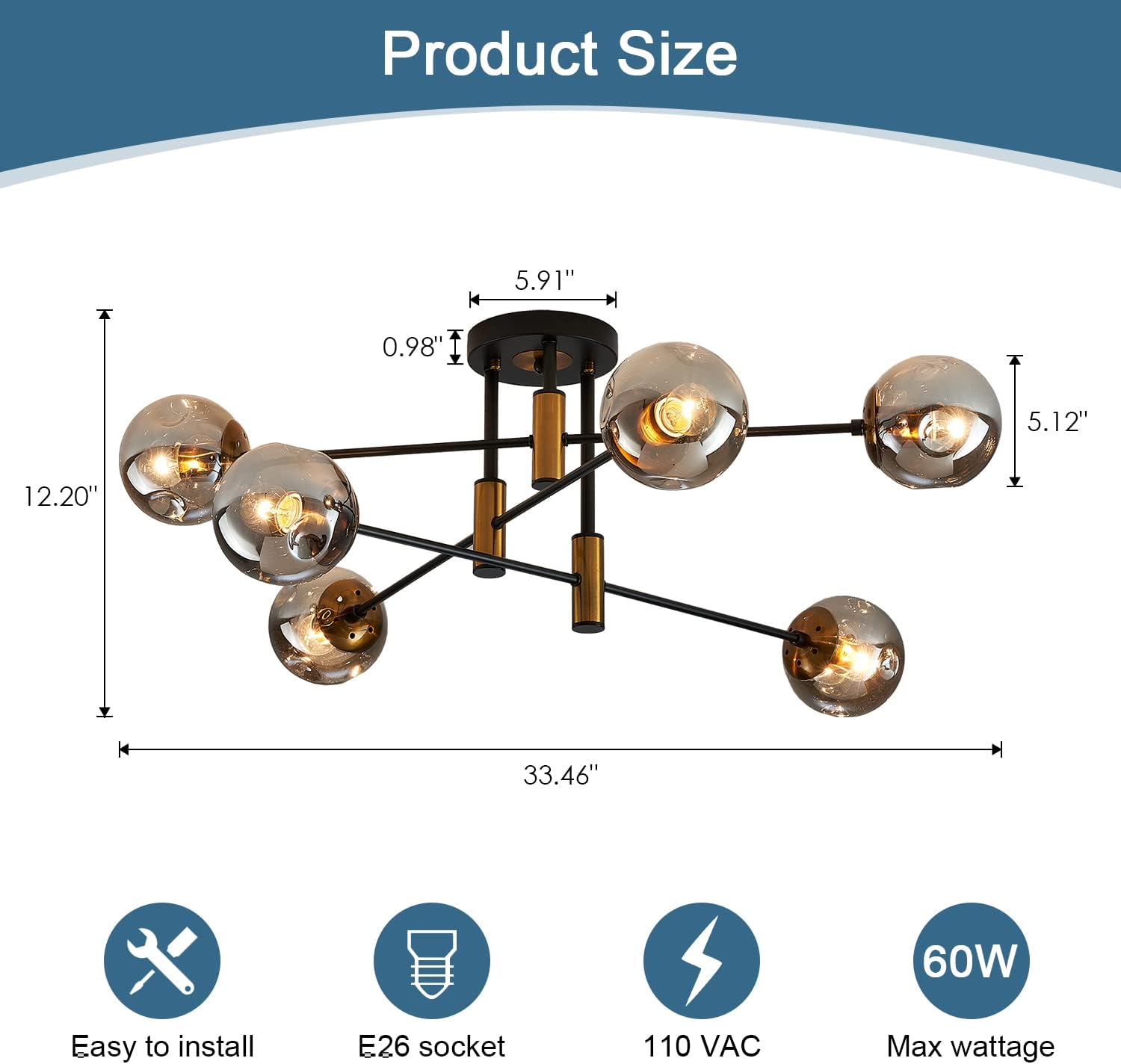 DDLLDESHI 6-Light Glass Globe Sputnik Chandelier Modern Matte Black and Gold Ceiling Light Fixture Vintage Hanging Chandeliers for Farmhouse Living Room, Kitchen Dining Room Bedroom
