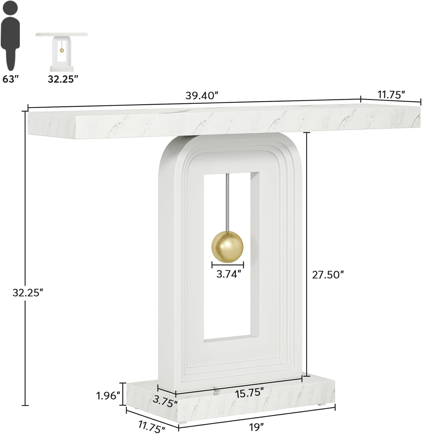 Tribesigns Modern Console Table, 40 Inches Faux Marble Sofa Table, Contemporary Entryway Table with Pendulum Shape Base for Living Room Hallway Entrance, White