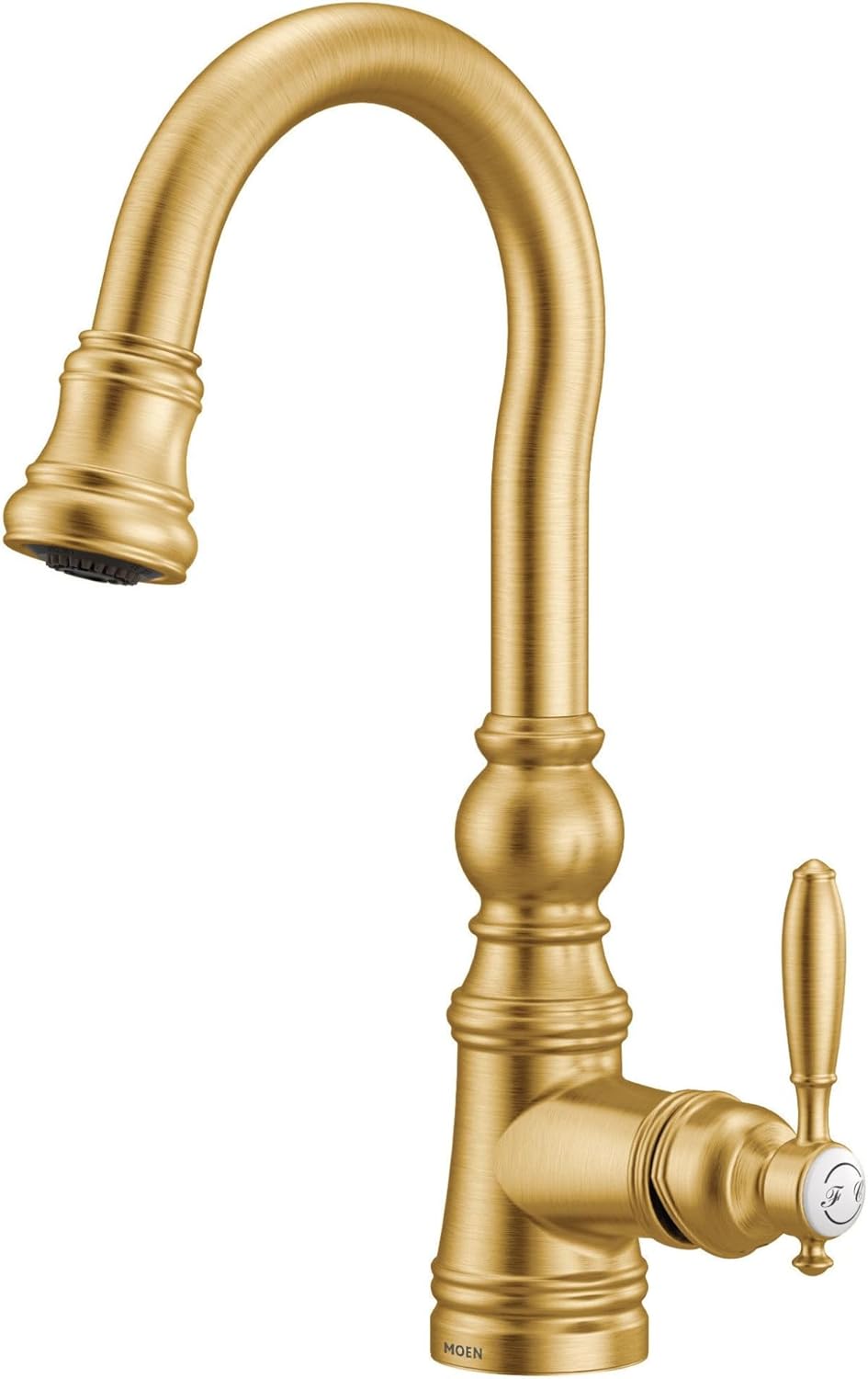 Moen S53004BG Weymouth Shepherd's Hook Pulldown Kitchen Bar Faucet Featuring Metal Wand with Power Clean, Brushed Gold