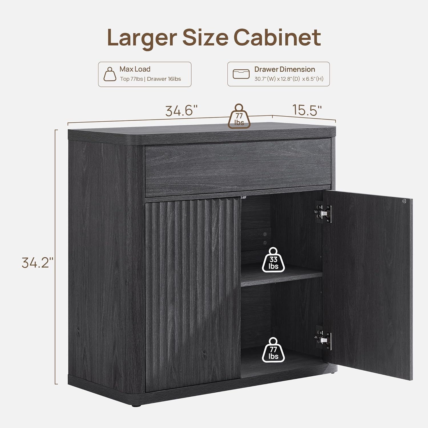 SICOTAS Buffet Cabinet with Storage - Accent Fluted Storage Cabinet with 2 Doors & 1 Drawer 34.6