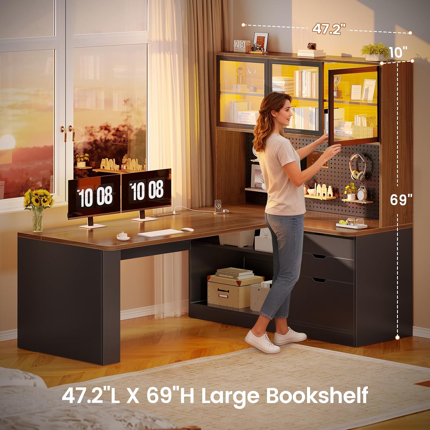 SEDETA L Shaped Office Desk, Computer Desk with 3 Wood Drawer and Large Bookshelf, L Shaped Corner Gaming Desk with LED Light, Display Cabinet and Pegboard, 27.5