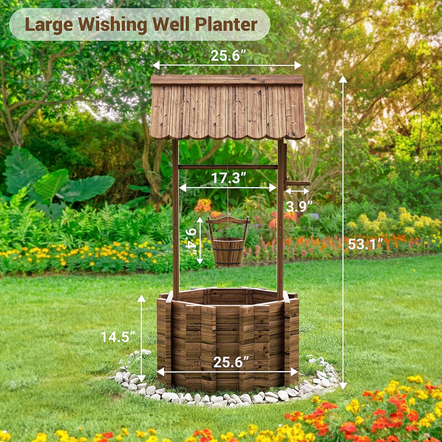 UDPATIO Wishing Wells for Outside, Wooden Wishing Well Planter for Yard, Upgrade Wishing Well with 4 Reinforced Rod & Hanging Bucket for Garden Patio Lawn Backyard Home Decor
