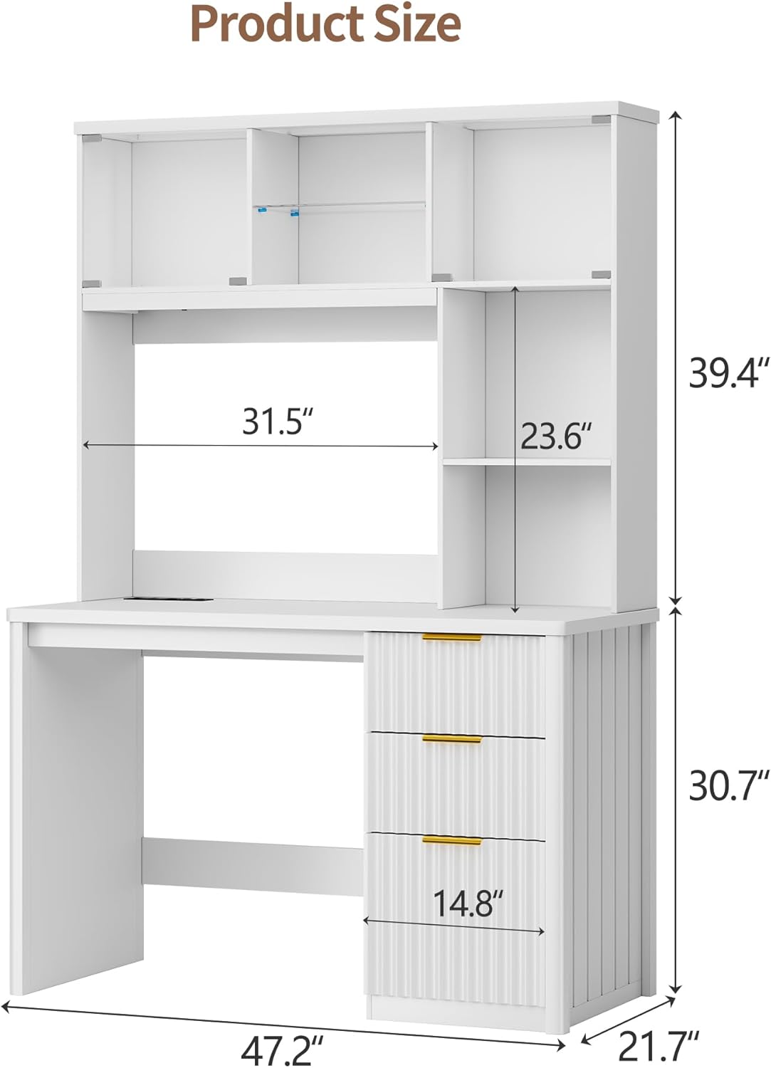FREDEES LED Study Desk with Hutch, Home Office Desk with Charging Station & Storage Drawer, 70'H Writing Table with Glass Display Cabinet, 3 Color Light Computer Desks for Study, White