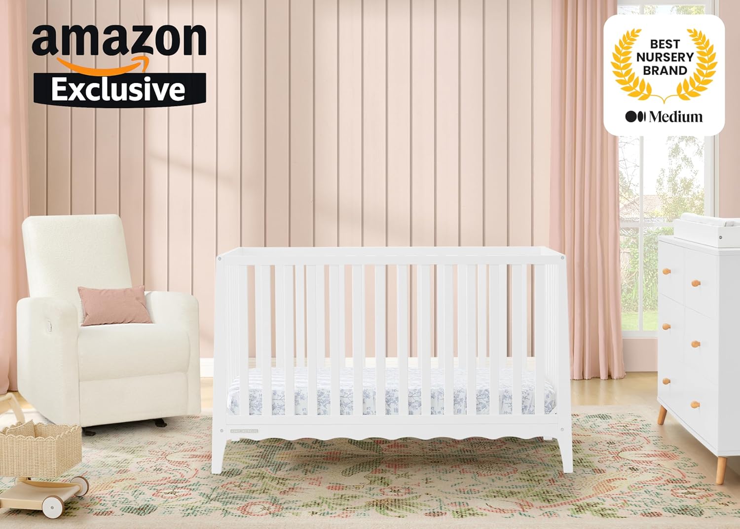 Delta Children Lulu 5-in-1 Convertible Crib, Converts to Toddler Bed, Daybed, Sofa & Full-Size Bed, Natural Wood, Fits Standard Crib Mattress, 3 Mattress Heights for Baby Nursery, Bianca White