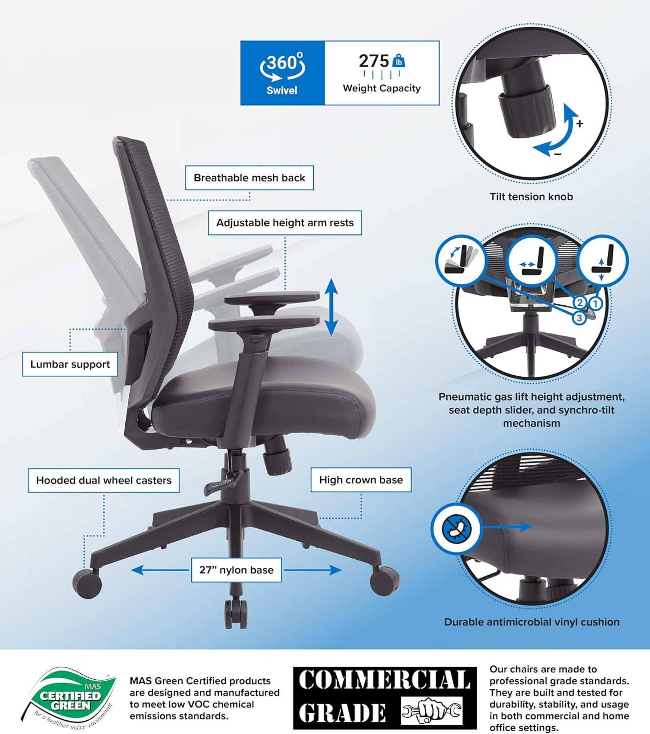 BOSS Ergonomic Mesh Task Chair with Adjustable Arms & Synchro-Tilt, Black