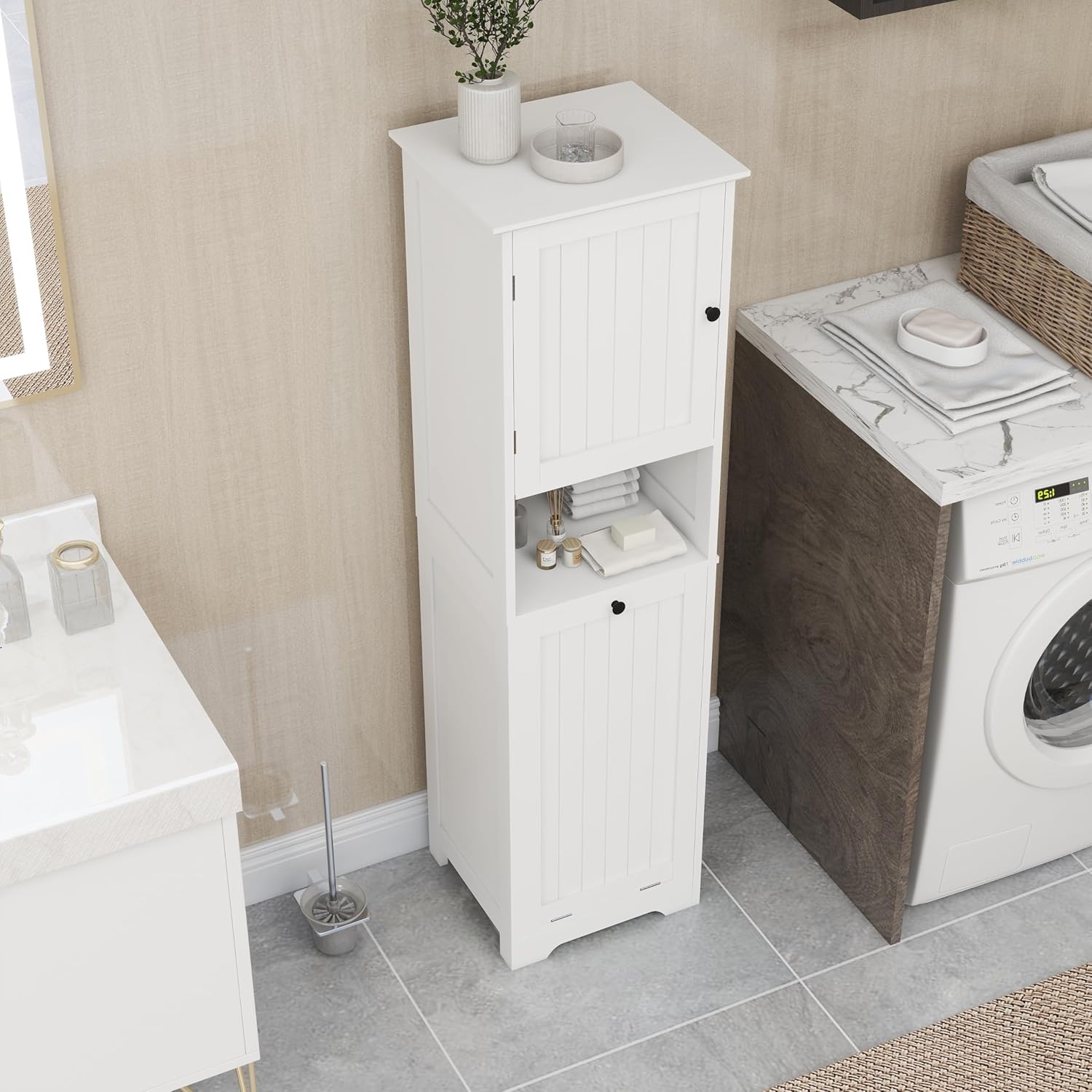 Tidyard One-Compartment One-Door Tilt-Out Laundry Sorter Cabinet - Simple and Stylish Cabinet Side Storage Organizer, Entryway Storage Unit Console Table, Bathroom Furniture Home Decor YFXW1120P146256