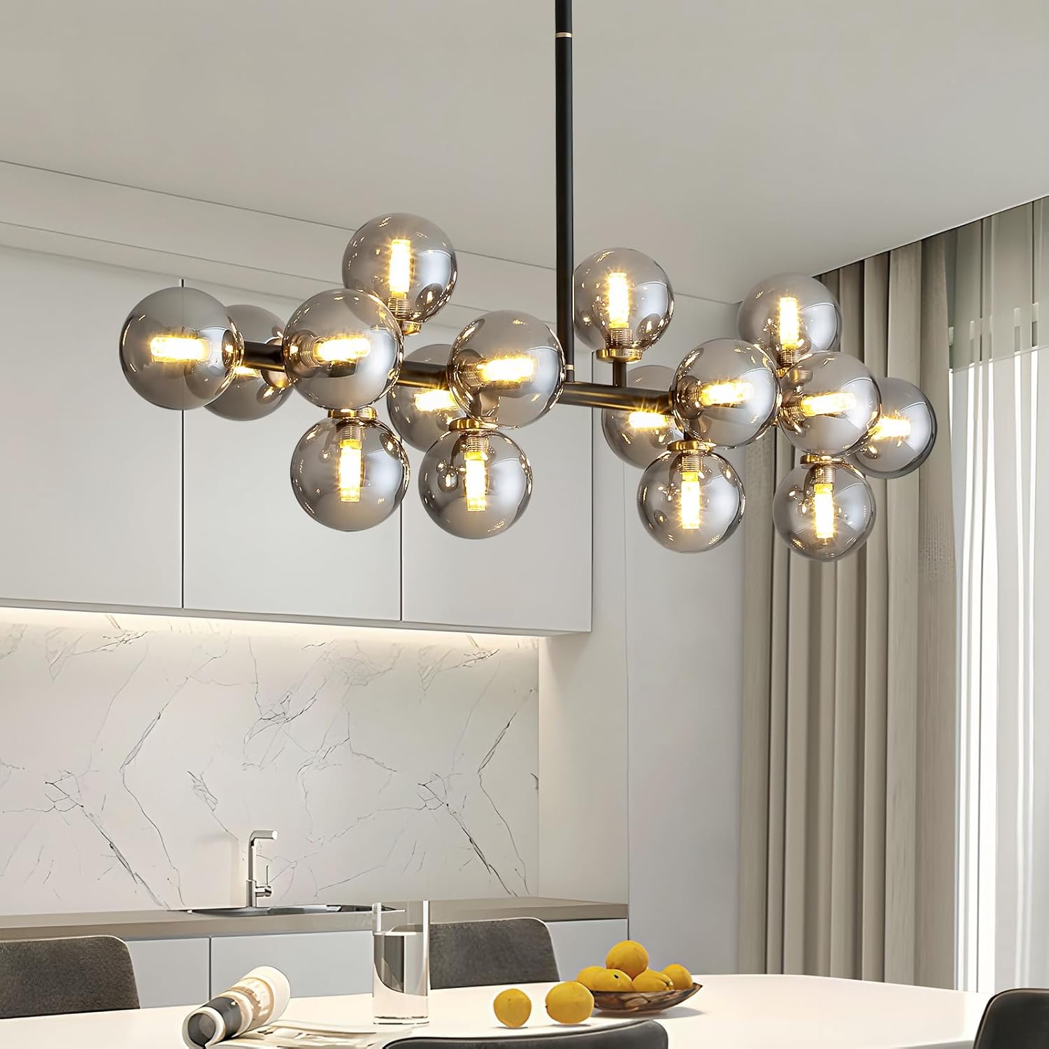 16 Lights Mid Century Modern Chandelier Black Linear Chandelier Light Fixtures Glass Globe Sputnik Pendant Light for Dining Room Kitchen Island (Smoke Gray Lampshade)