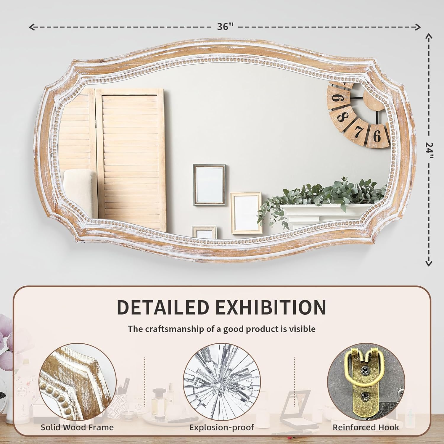 HOITUZYUS 36x24 Inches Rustic Scalloped Wall Mirror, Baroque Curved with Beaded, Distressed Wooden Decorative Mirros for Bathroom, Living Room, Bedroom, Entryway - Horizontal or Vertical