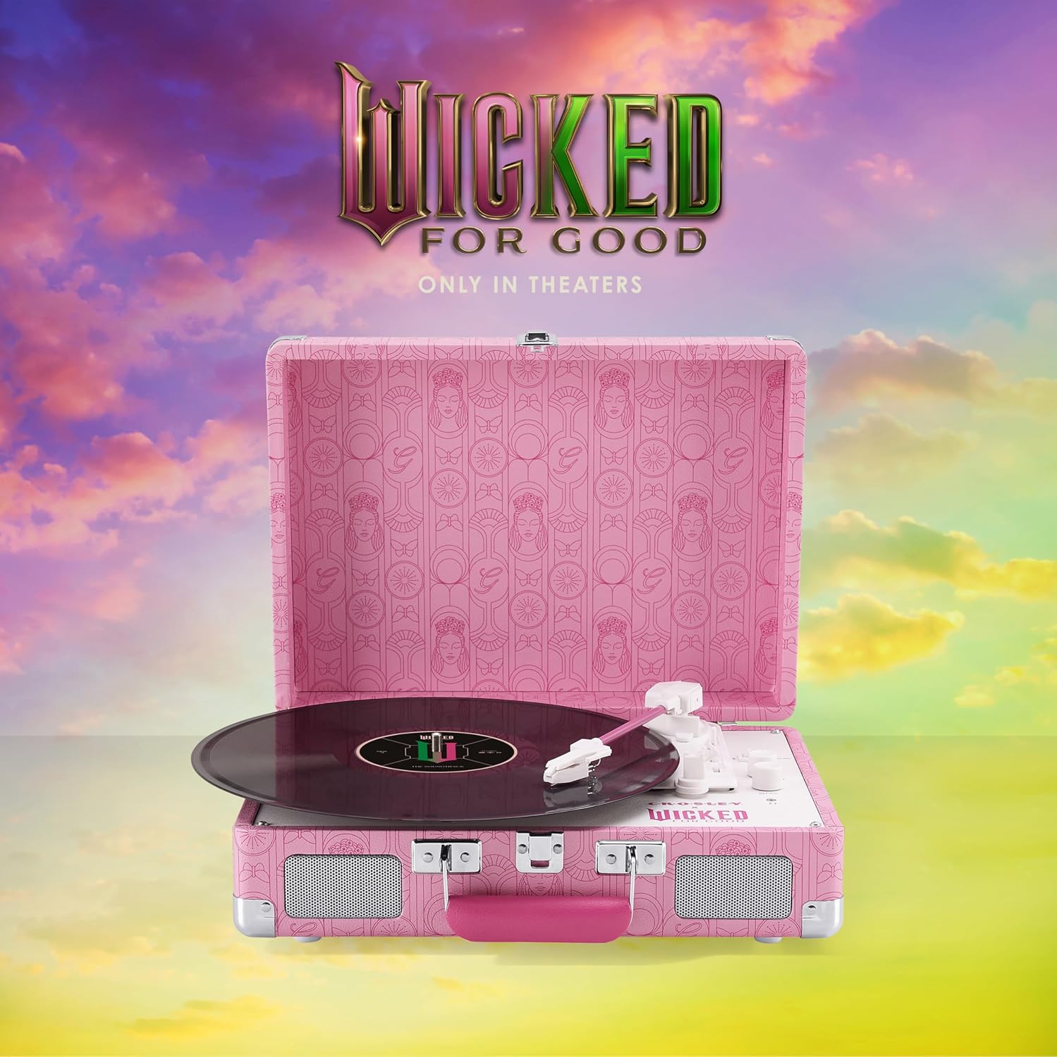 Crosley x Wicked: for Good Cruiser Plus Vintage 3-Speed Bluetooth in/Out Suitcase Vinyl Record Player Turntable with Built-in Speakers, Glinda Edition