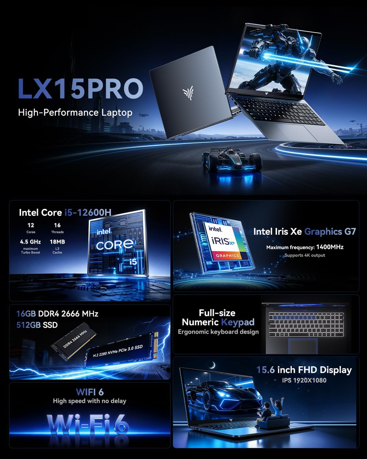 KAIGERR Laptop with Intel 12-Core i5 Processor (Up to 4.5GHZ), High Performance Laptop Computer with widows 11, Intel Iris Xe Graphics,16GB RAM 512GB SSD,WiFi 6, Webcam,15.6 inch IPS Display