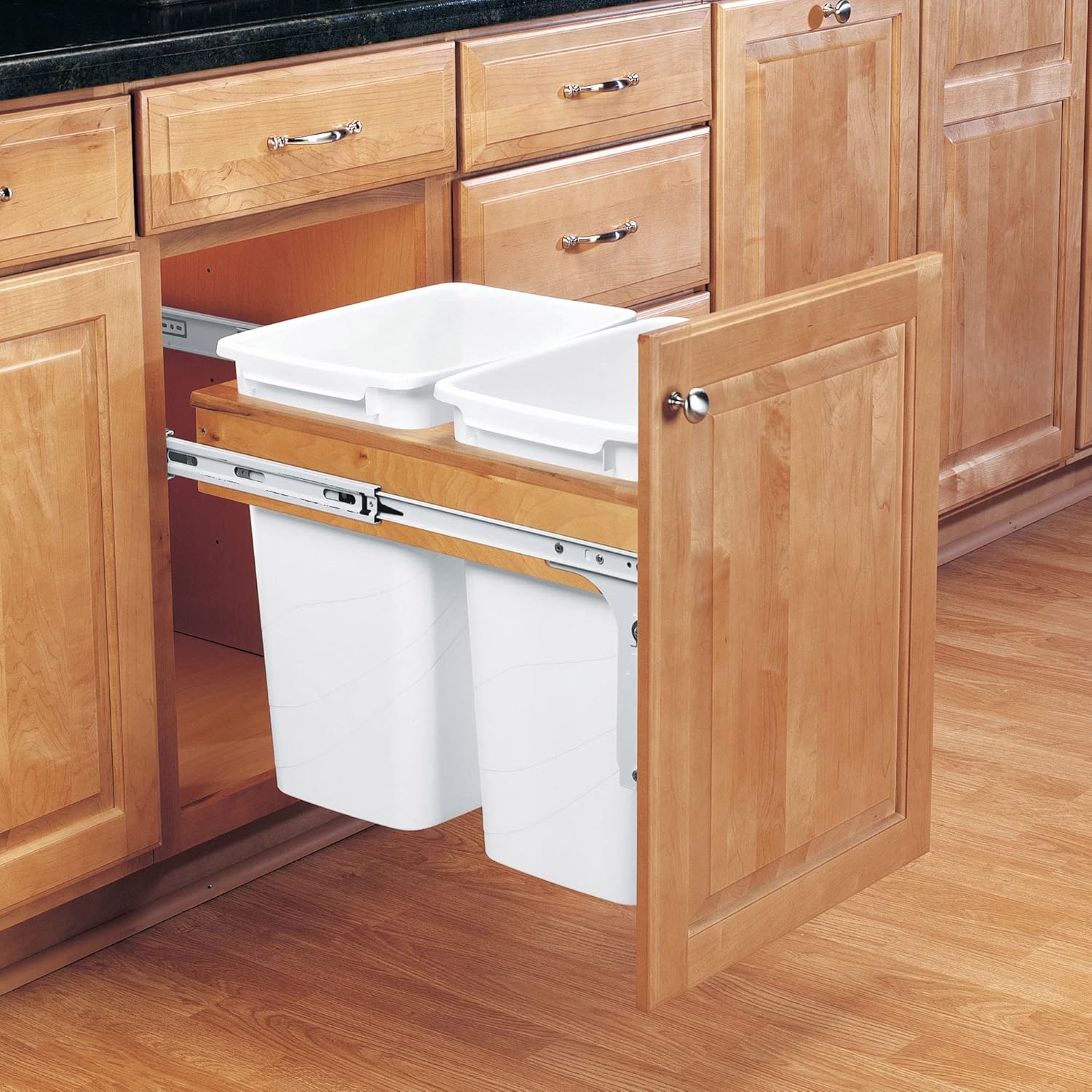 Rev-A-Shelf Top Mount Double Pullout Under Cabinet 35 Quart Kitchen Trash Cans with 150 Pound Rated Full-Extension Slides, 4WCTM-18DM2
