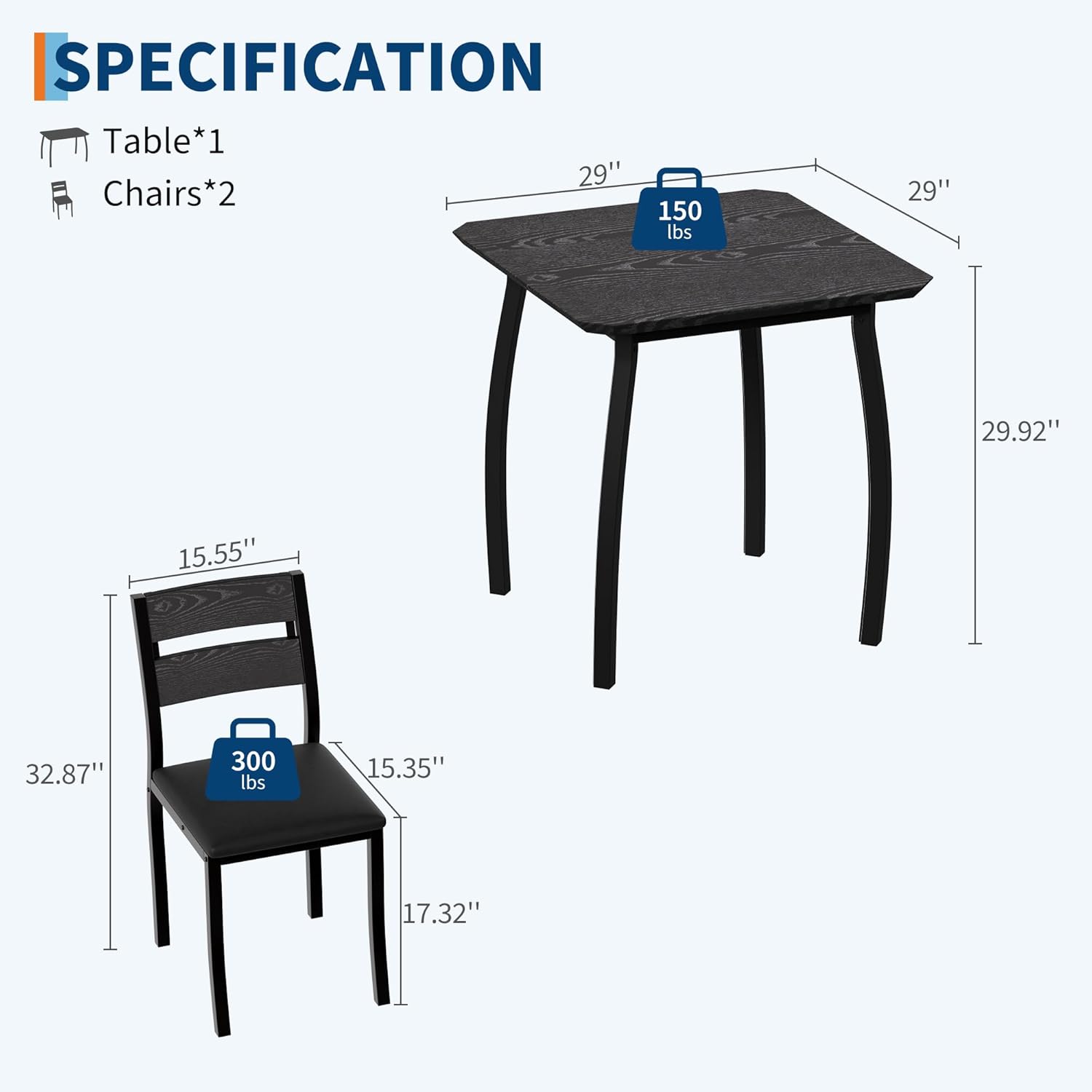 Garvee 3 Piece Dining Table Set for 2, Small Kitchen Table with Metal Frame & Wood Tabletop, Includes 2 Upholstered Chairs, for Apartment, Home Kitchen, Black
