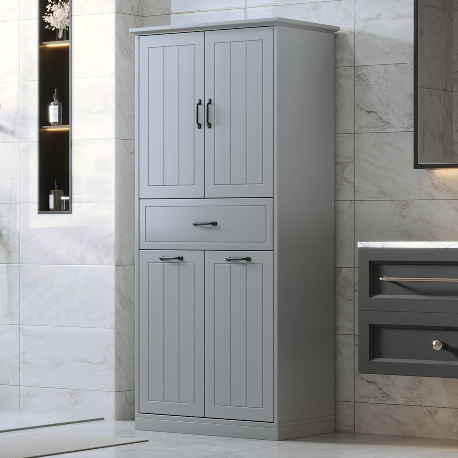 Merax Cabinet with 2 Tilt-Out Laundry Hamper Baskets, Modern Tall Bathroom Storage Organizer Linen with Drawers and Doors for Home, Freestanding, Grey