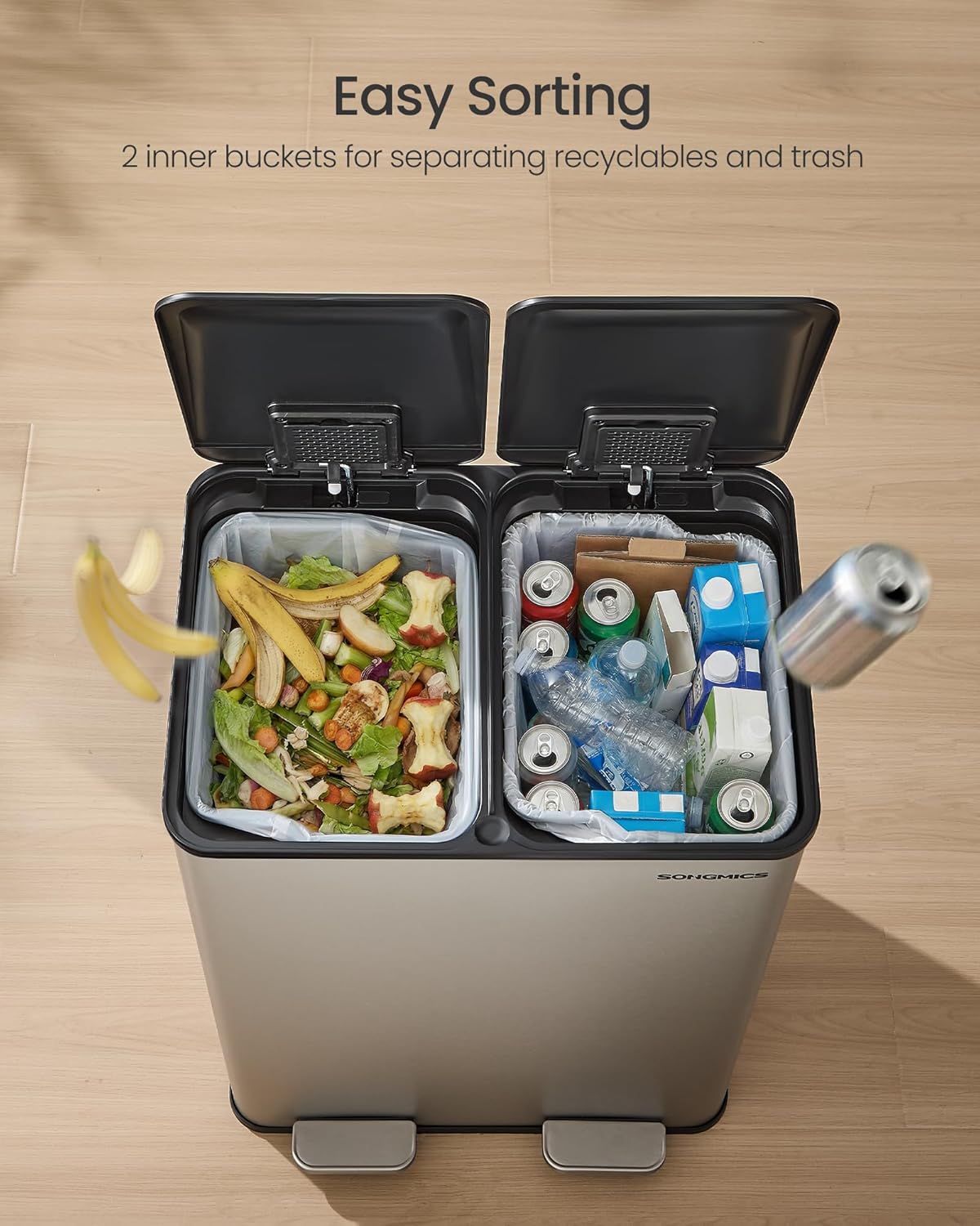 SONGMICS Trash Can, 2 x 8 Gallon (2 x 30 L) Dual-Compartment Garbage Can with Soft-Close Lid, Pedal and Inner Buckets, Stainless Steel, Includes 15 Liner Bags, Silver ULTB741EZ01