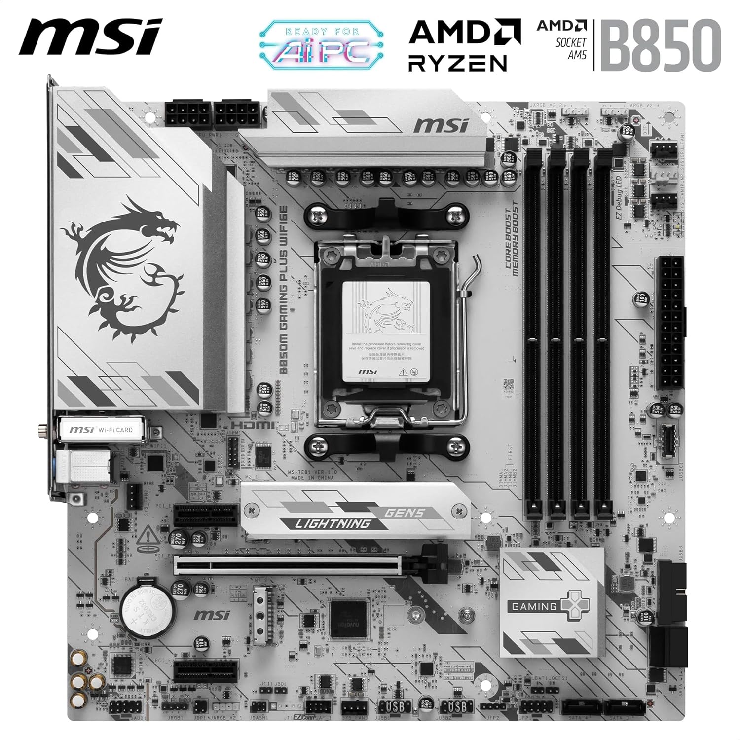 MSI B850M GAMING PLUS WIFI6E Motherboard, mATX - Supports AMD Ryzen 9000 / 8000 / 7000 Processors, AM5 - DDR5 Memory Boost 8200+ MT/s (OC), PCIe 4.0 x16, M.2 Gen5, Wi-Fi 6E, 2.5G LAN